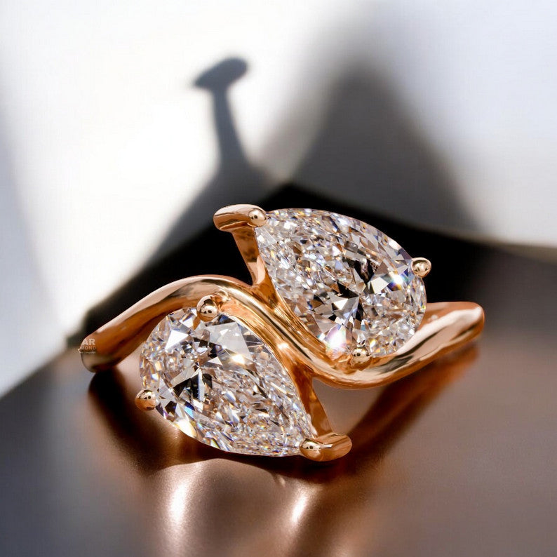 Pear Cut Two Stone Moissanite Engagement Ring β 925 Sterling Silver, Unique Toi et Moi Ring, Anniversary Gift for Her Promise Rings