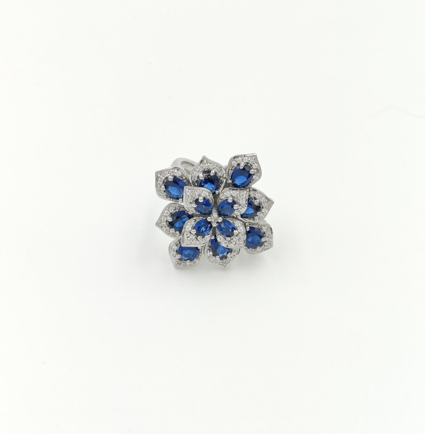 Floral Gemstone Cocktail Ring | Sterling Silver 925 Statement Ring | Blue Sapphire, Green Emerald, Red Ruby | Unique Adjustable Gift for Her