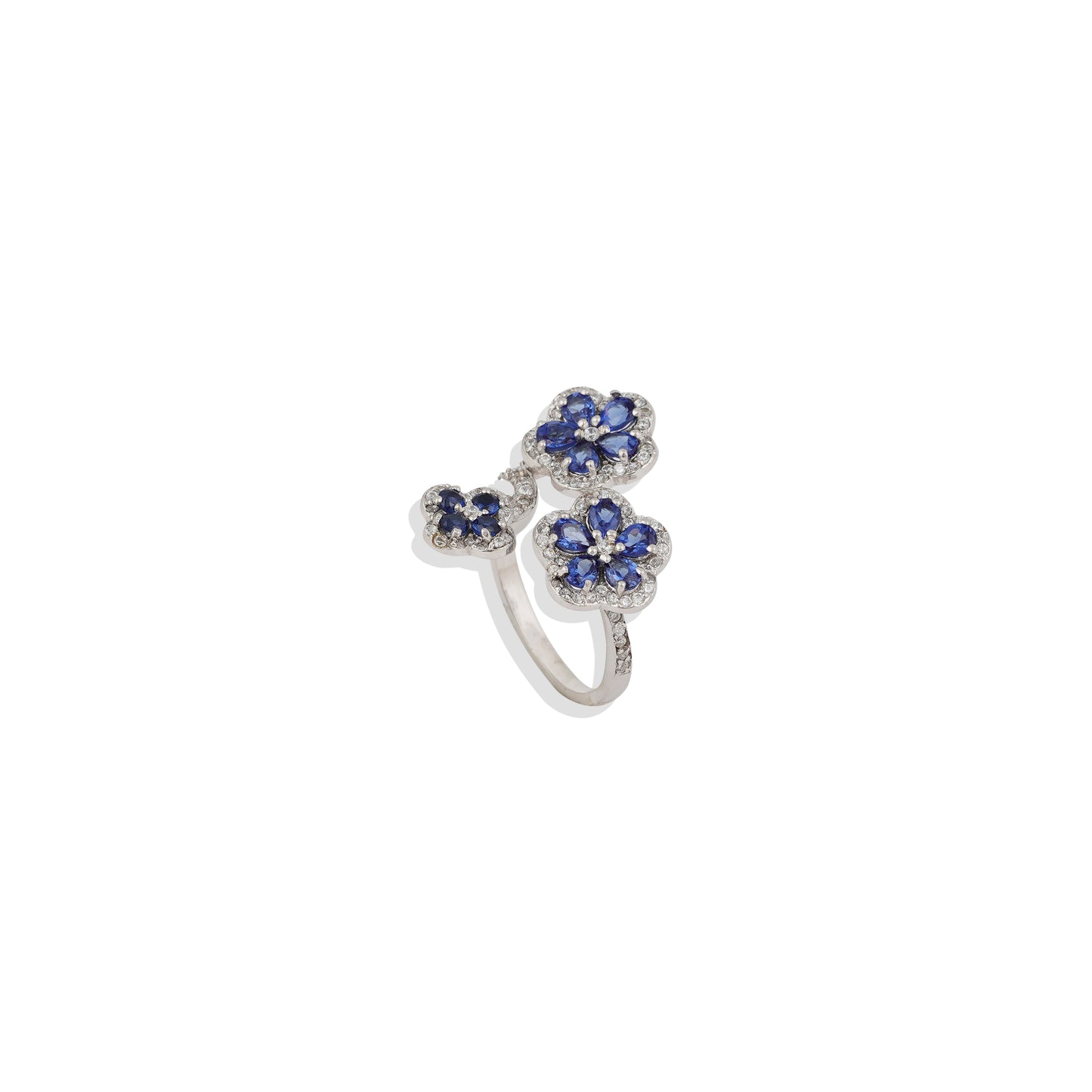 Elegant Flower-Shaped Adjustable Ring | Sterling Silver Floral Statement Ring | Lab-Created Diamond & Sapphire/Emerald Ring – Limited Stock!
