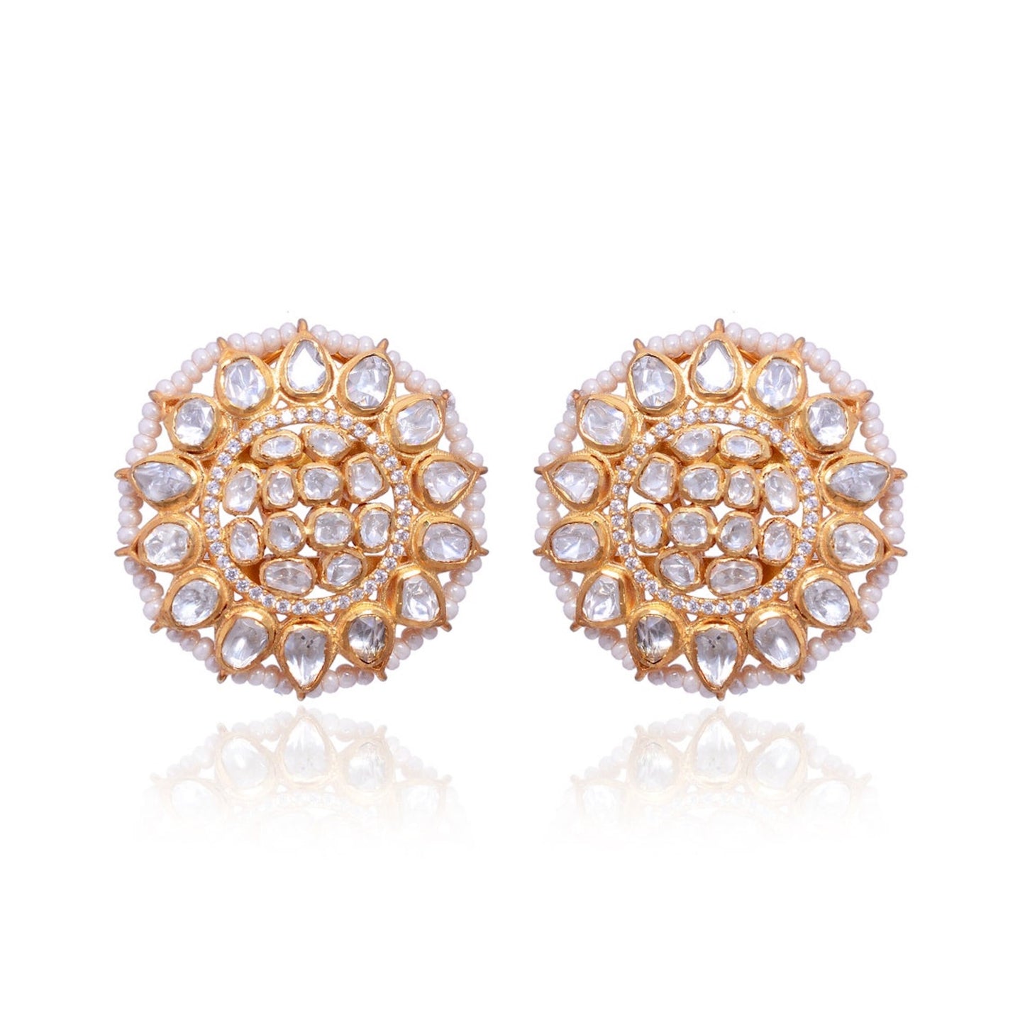 Moissanite Polki Pearl (Cultured) earring, 925 Sterling Silver Indian Jewellery, Handmade, statement Earring , Wedding Jewellery