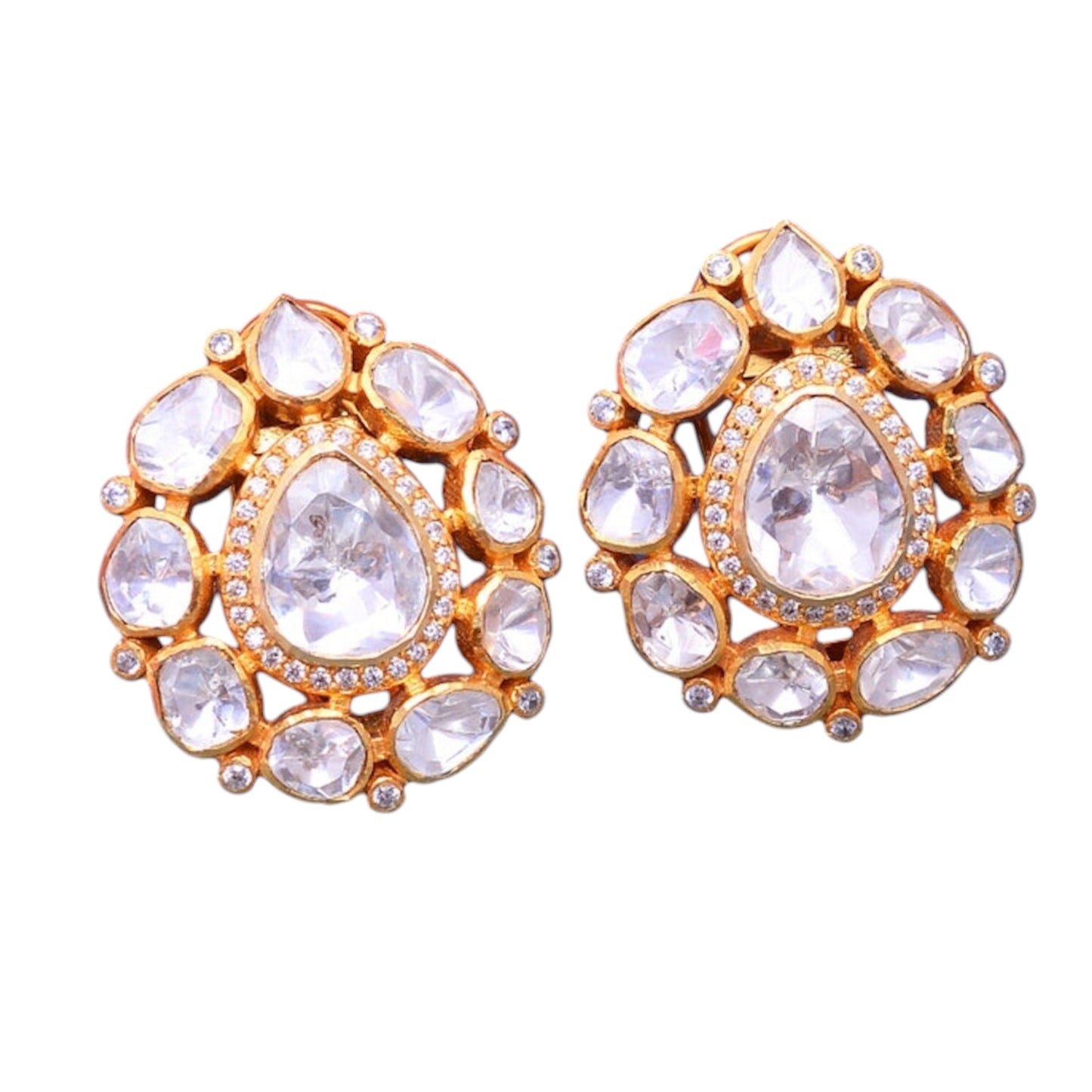 Handmade Moissanite Polki CZ Stud earring, 925 Sterling Silver