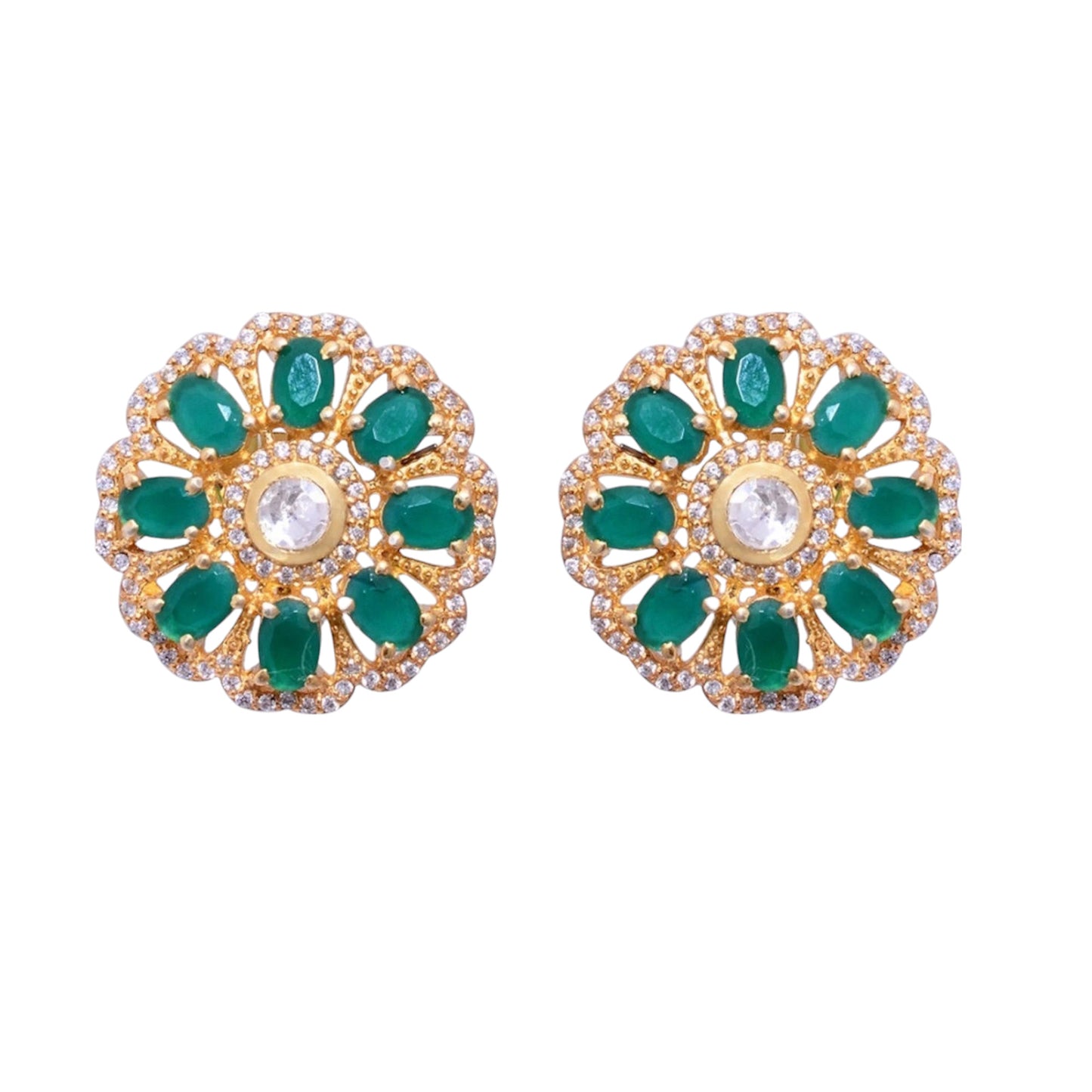 Lab made Emerald Moissanite Polki Studs Earrings in Authentic 925 sterling silver stamped