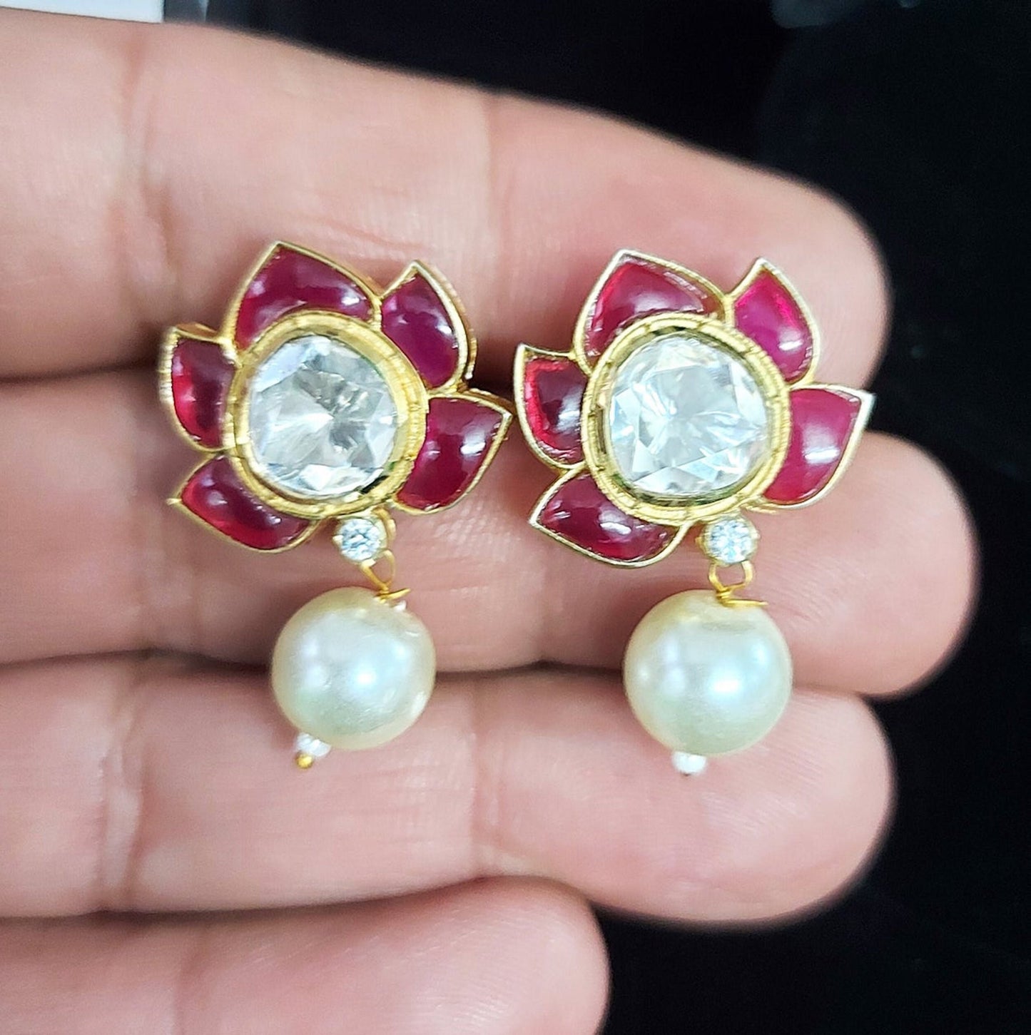 Handmade Lab made Ruby Moissanite Pearl ( Cultured) Stud Earrings