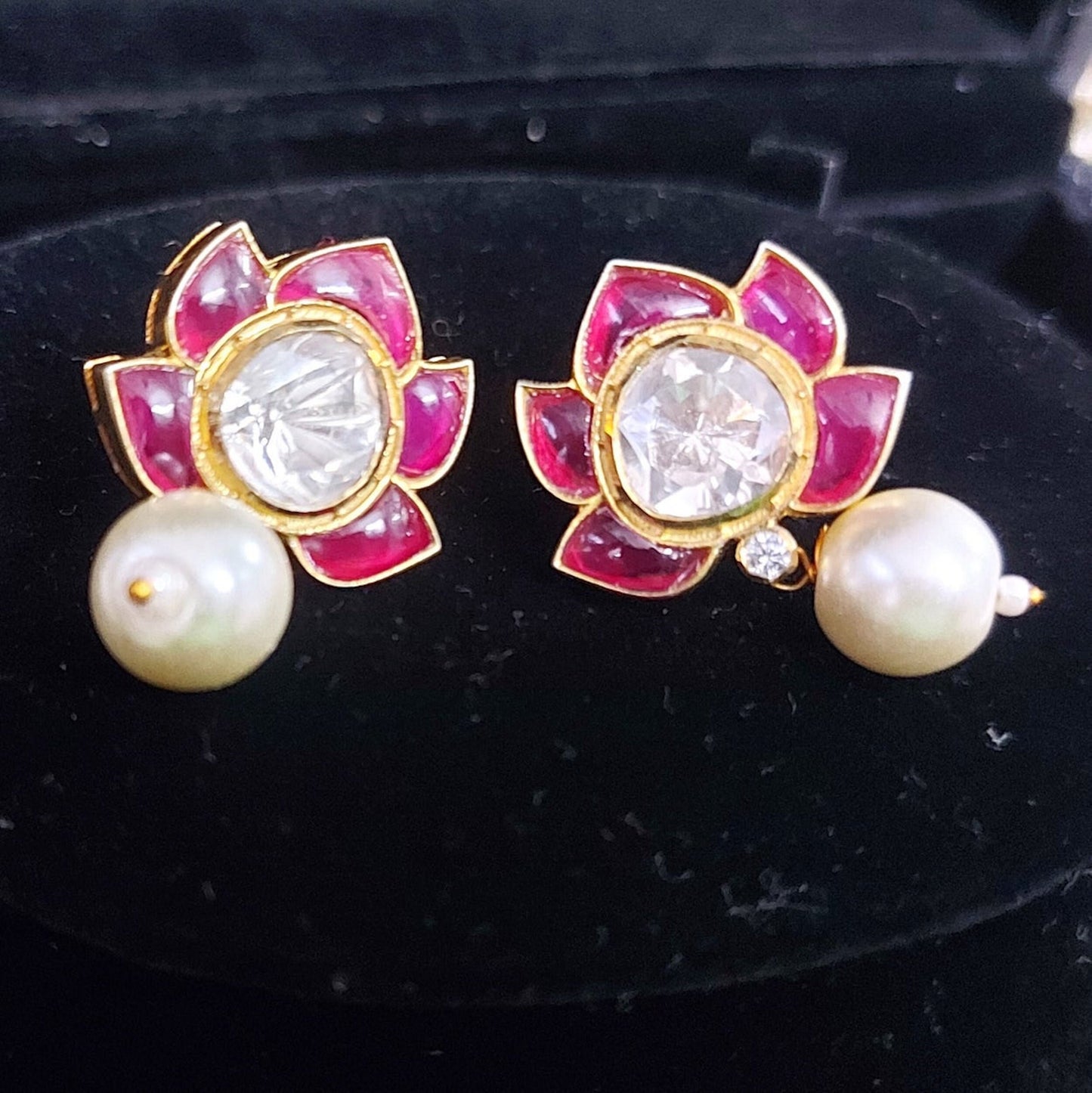 Handmade Lab made Ruby Moissanite Pearl ( Cultured) Stud Earrings