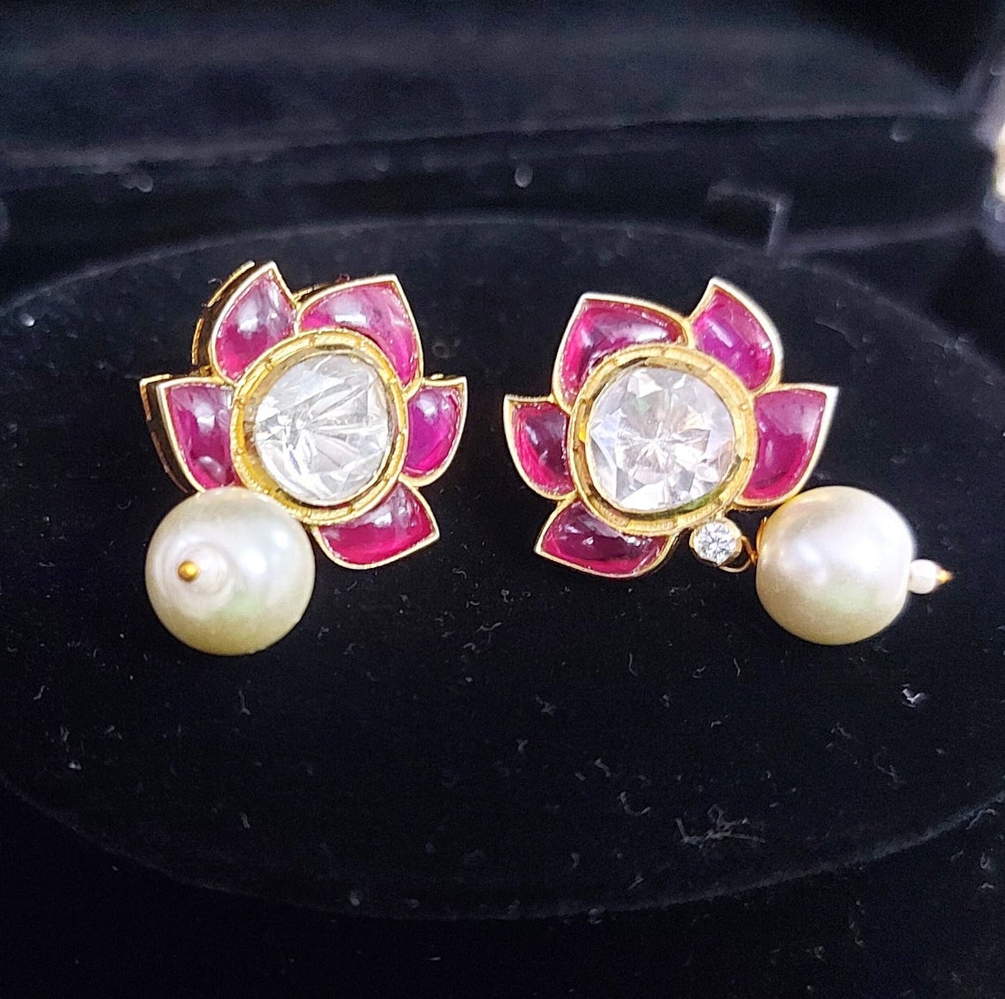 Handmade Lab made Ruby Moissanite Pearl ( Cultured) Stud Earrings