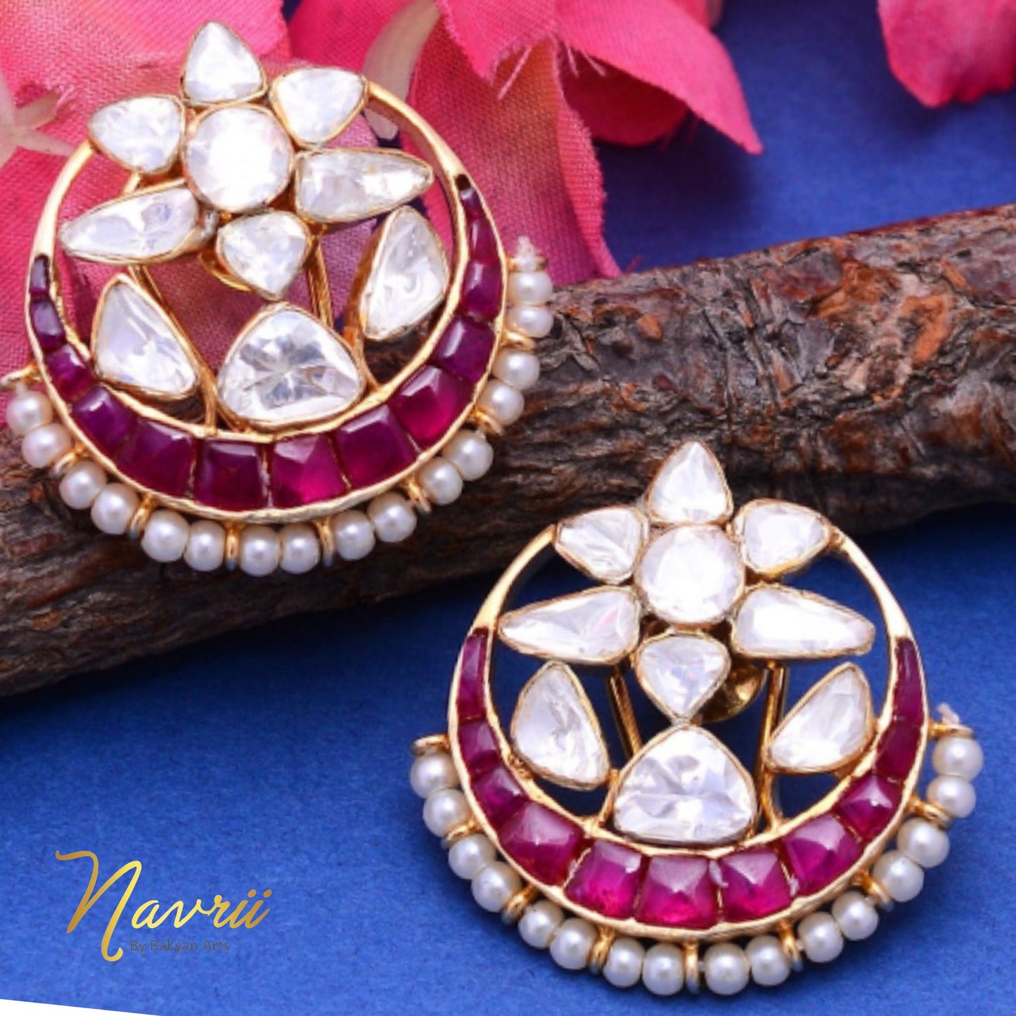 925 Sterling Silver Wedding Earrings, Chand Bali Earrings, Ruby Stud Earring, Natural White Moissanite Studs, Handmade Polki Diamond Earring