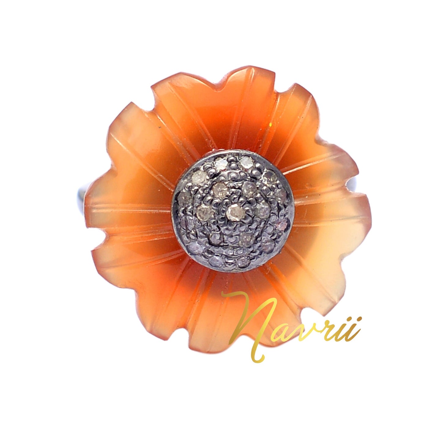 925 Sterling Silver Pave Diamond Natural Orange Floral Ring