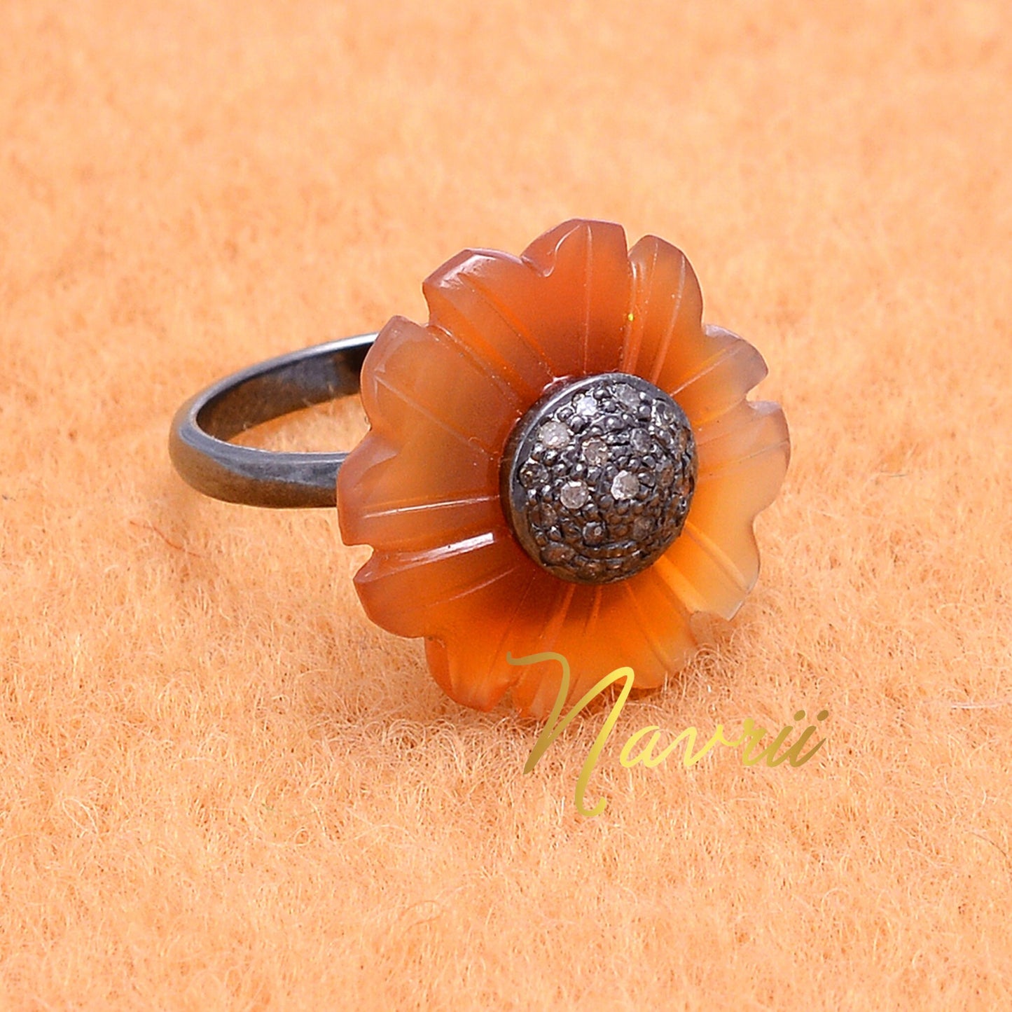 925 Sterling Silver Pave Diamond Natural Orange Floral Ring