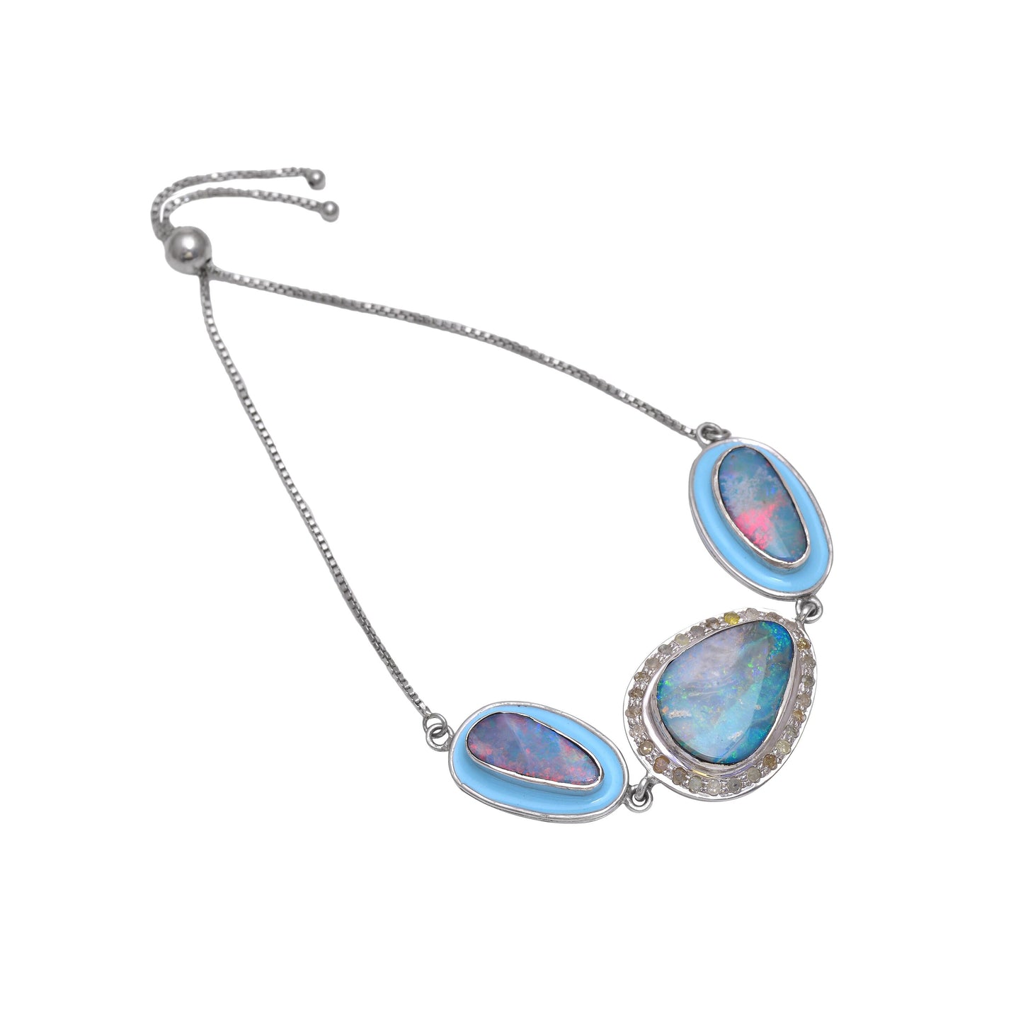 925 Sterling Silver Natural Opal Bracelet, Pave Diamond Enamel Bracelet, Handmade Sterling Silver Bracelets, Natural opal Bracelet For women