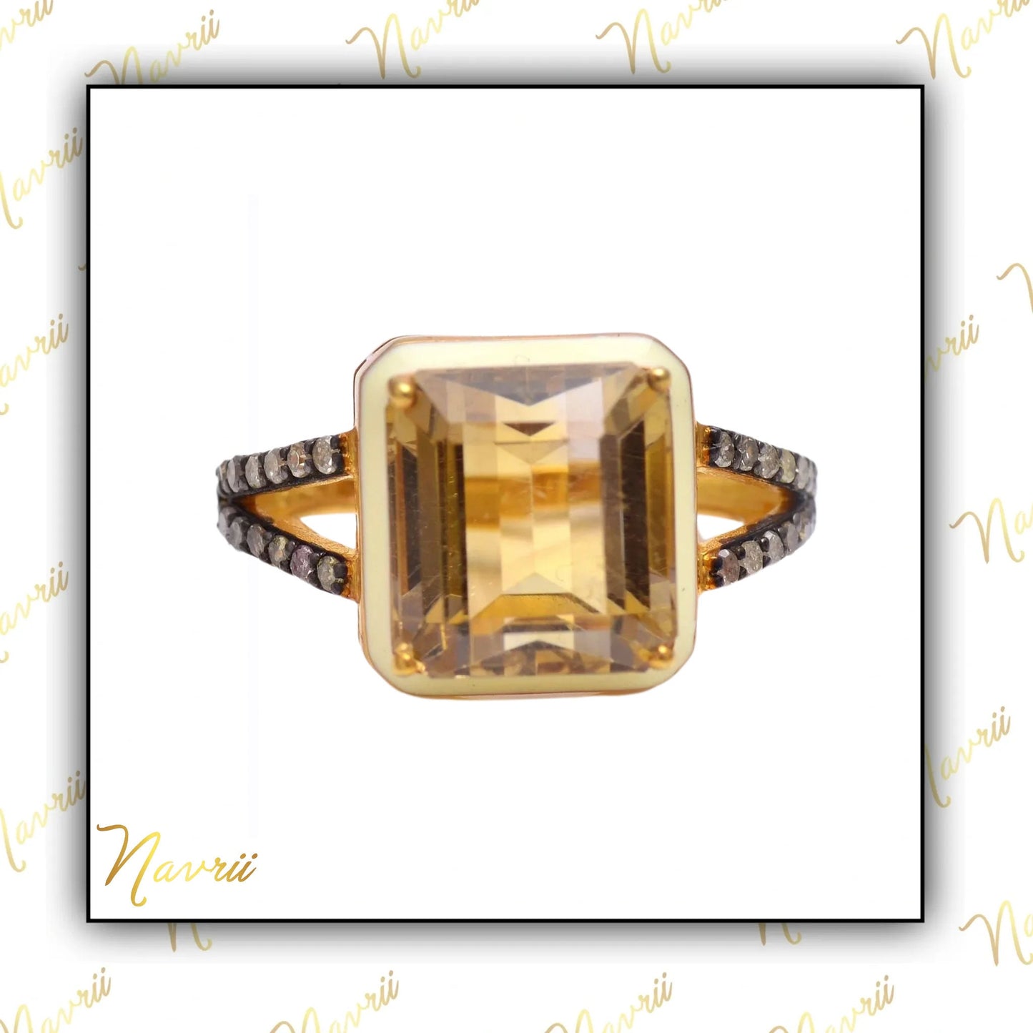 925 Sterling Silver Pave Diamond Natural Citrine Gemstone Ring