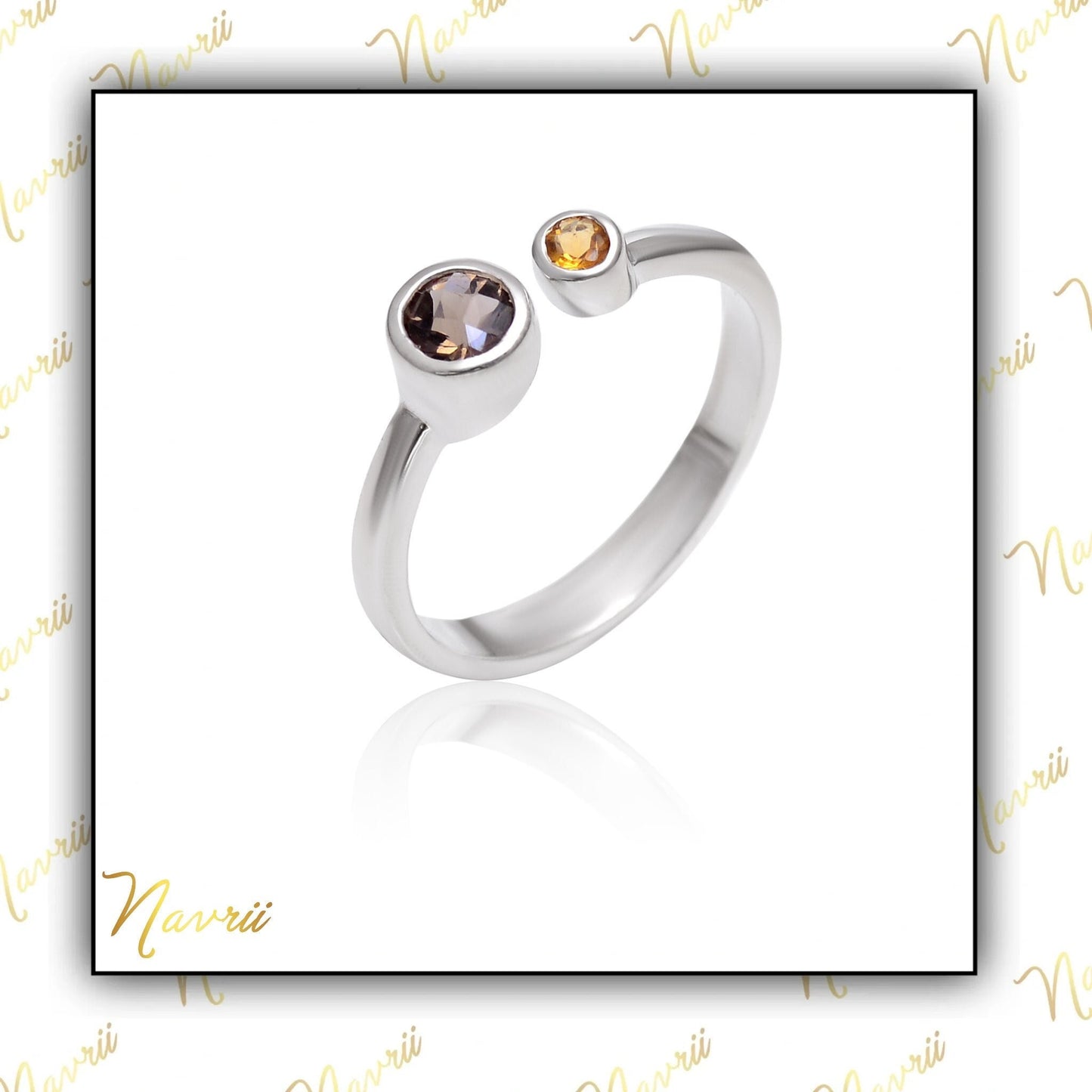 Double Gemstone Adjustable Ring- Smokey Quartz & Citrine Ring