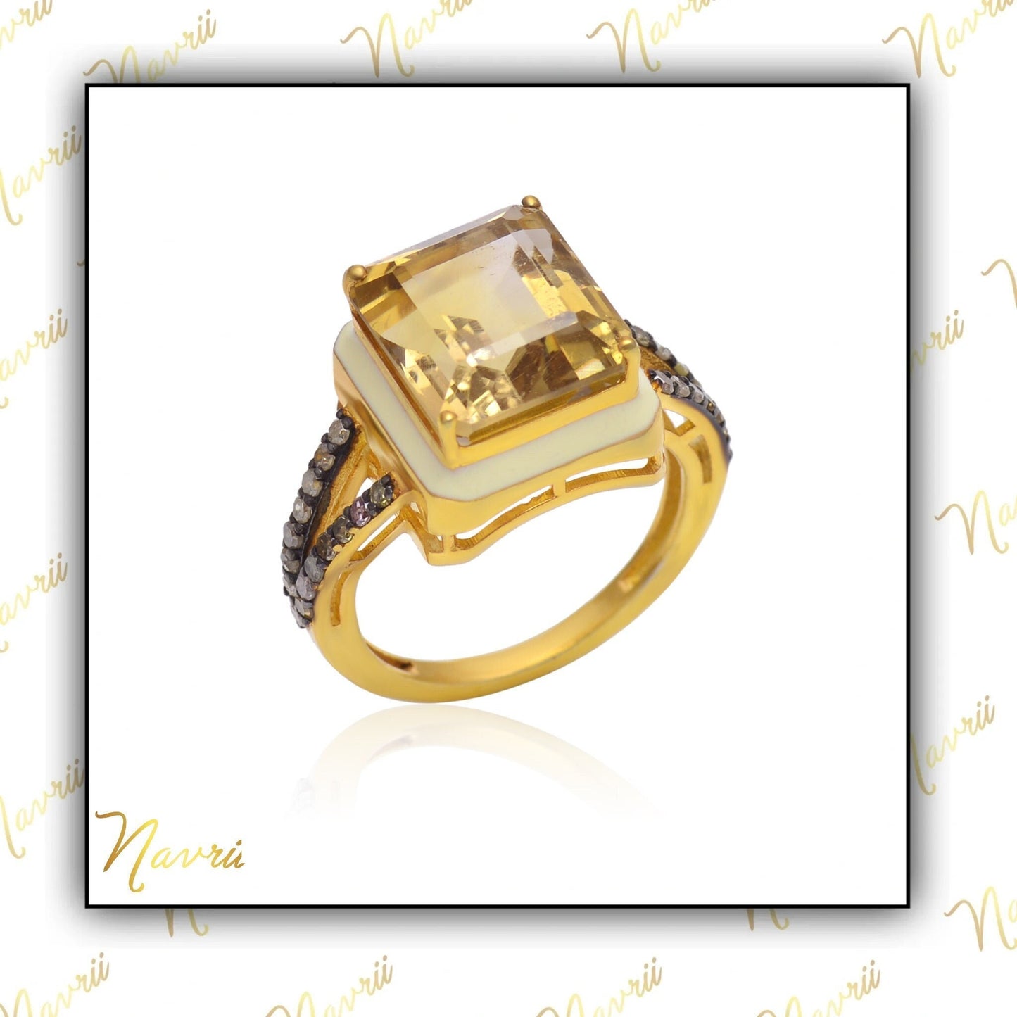 925 Sterling Silver Pave Diamond Natural Citrine Gemstone Ring