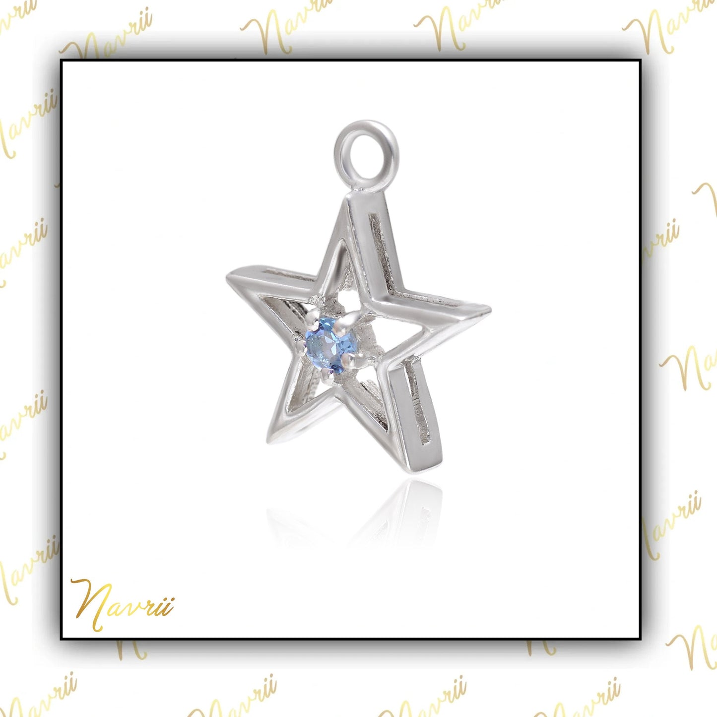 Silver Natural Blue Topz Pendant, Sterling Silver Star Shape Pendant, Tiny Charm Star Pendant, Star Blue Topz Pendant, Silver Topz Jewelry