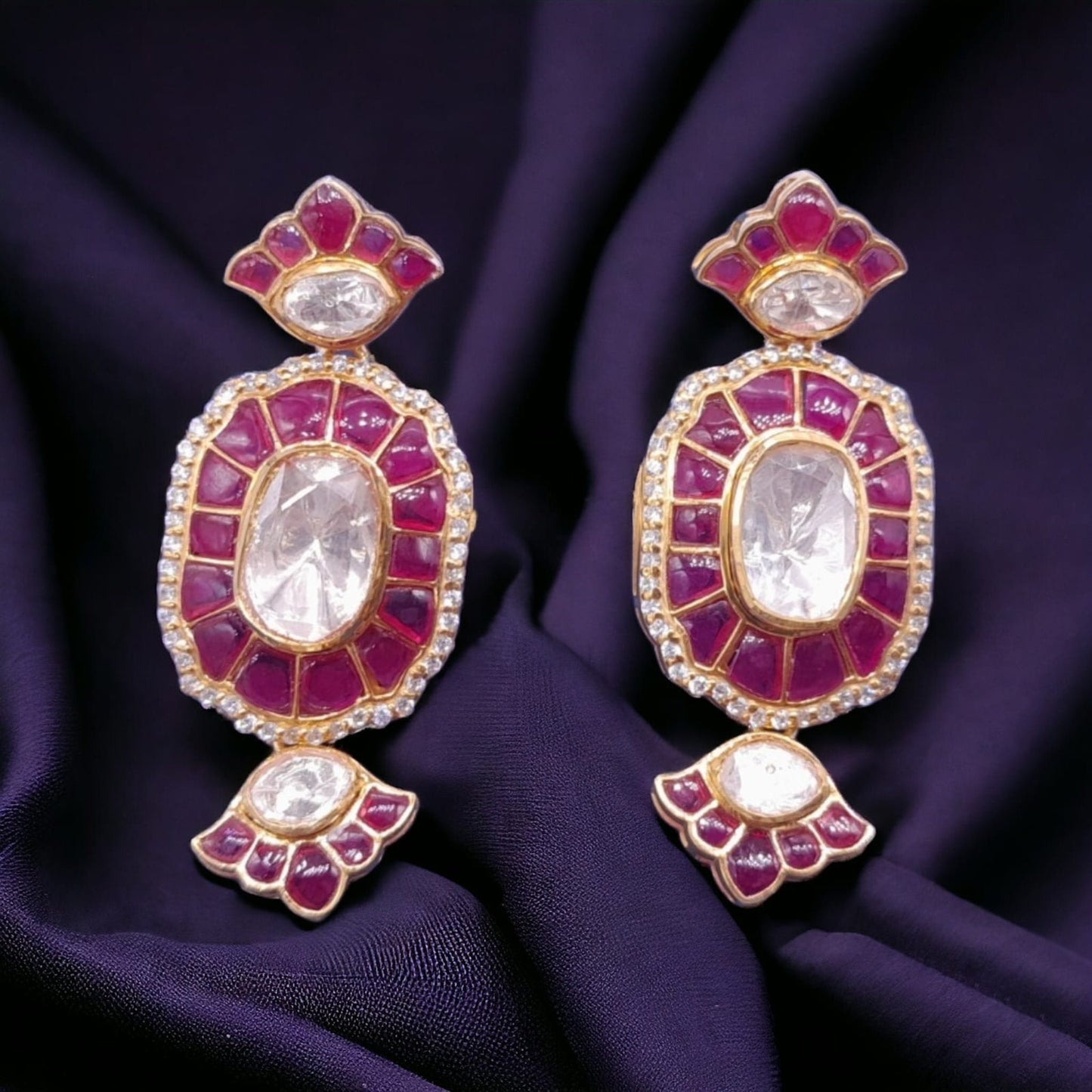 Red Ruby Moissanite Polki Earrings, Kundan Polki Earring, Indian Bridal Jewelry, Silver Polki Earring, Silver Earring, Daily Wear Earring