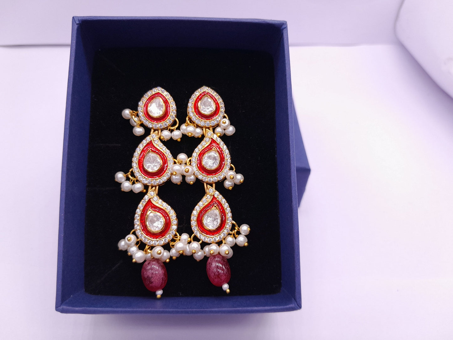 Silver Moissanite Polki Earring, Moissanite Kundan Earring, 925 Sterling Silver Earring, Enamel Jewelry, Traditional Jewelry, Long Earring
