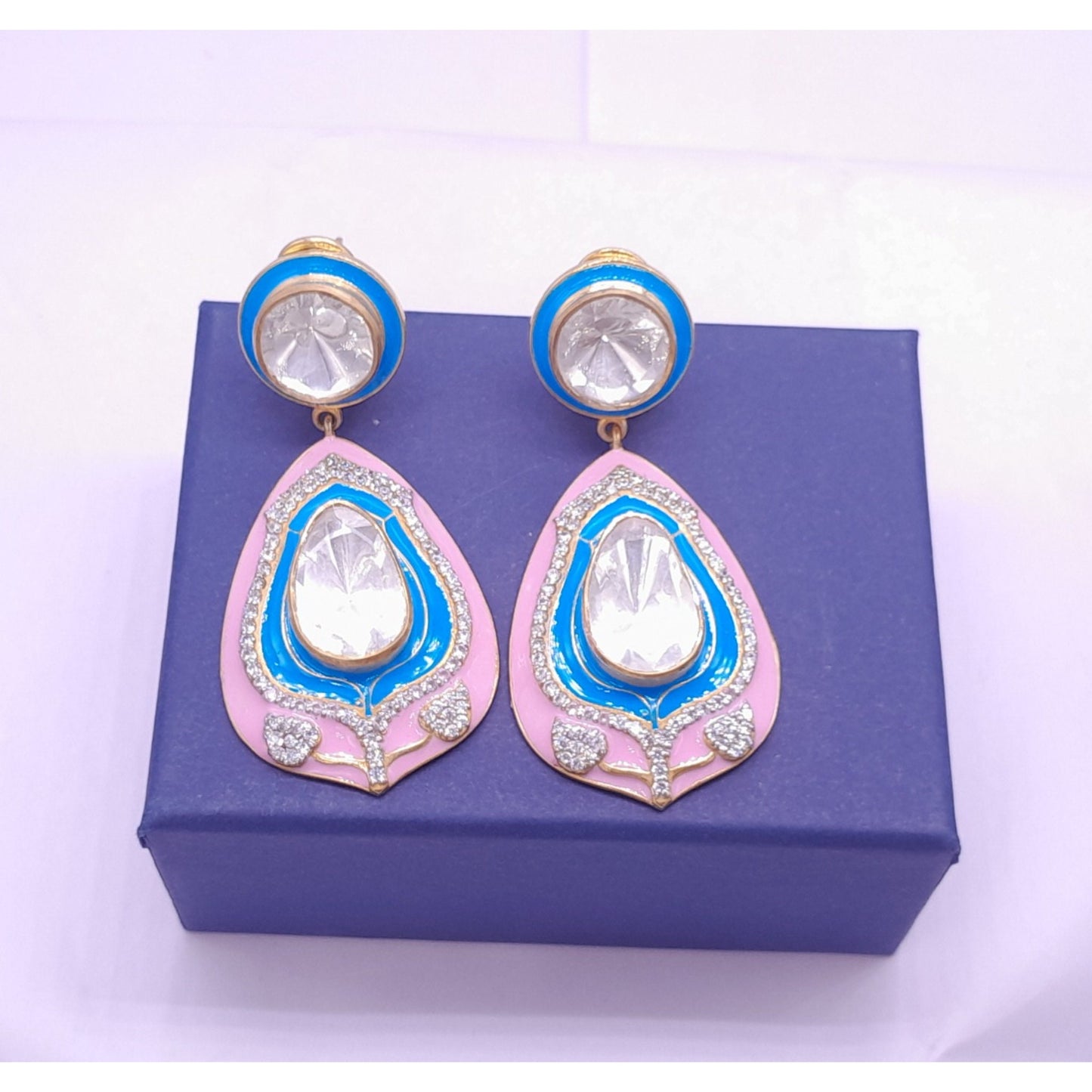 Silver Moissanite Long Polki Earring, Moissanite Kundan Earring, Enamel Polki Earring, Indian Wedding Jewelry, valentines Polki Earring Gift