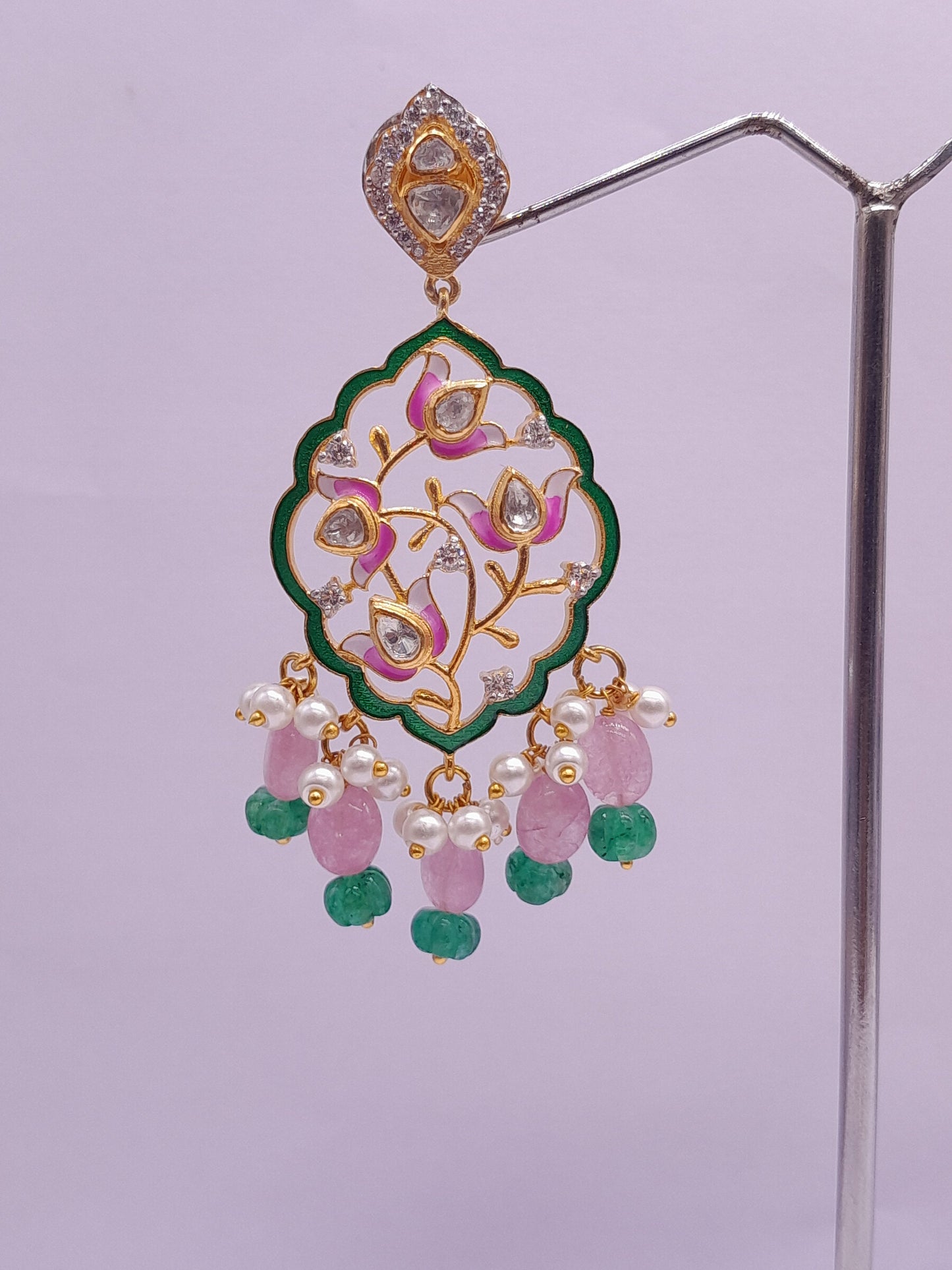 Silver Moissanite Polki Enamel Earring, Floral Kundan Chandbali, Bridal Jewelry, Traditional Jewelry, Sterling Silver Earring,Chandbali Gift