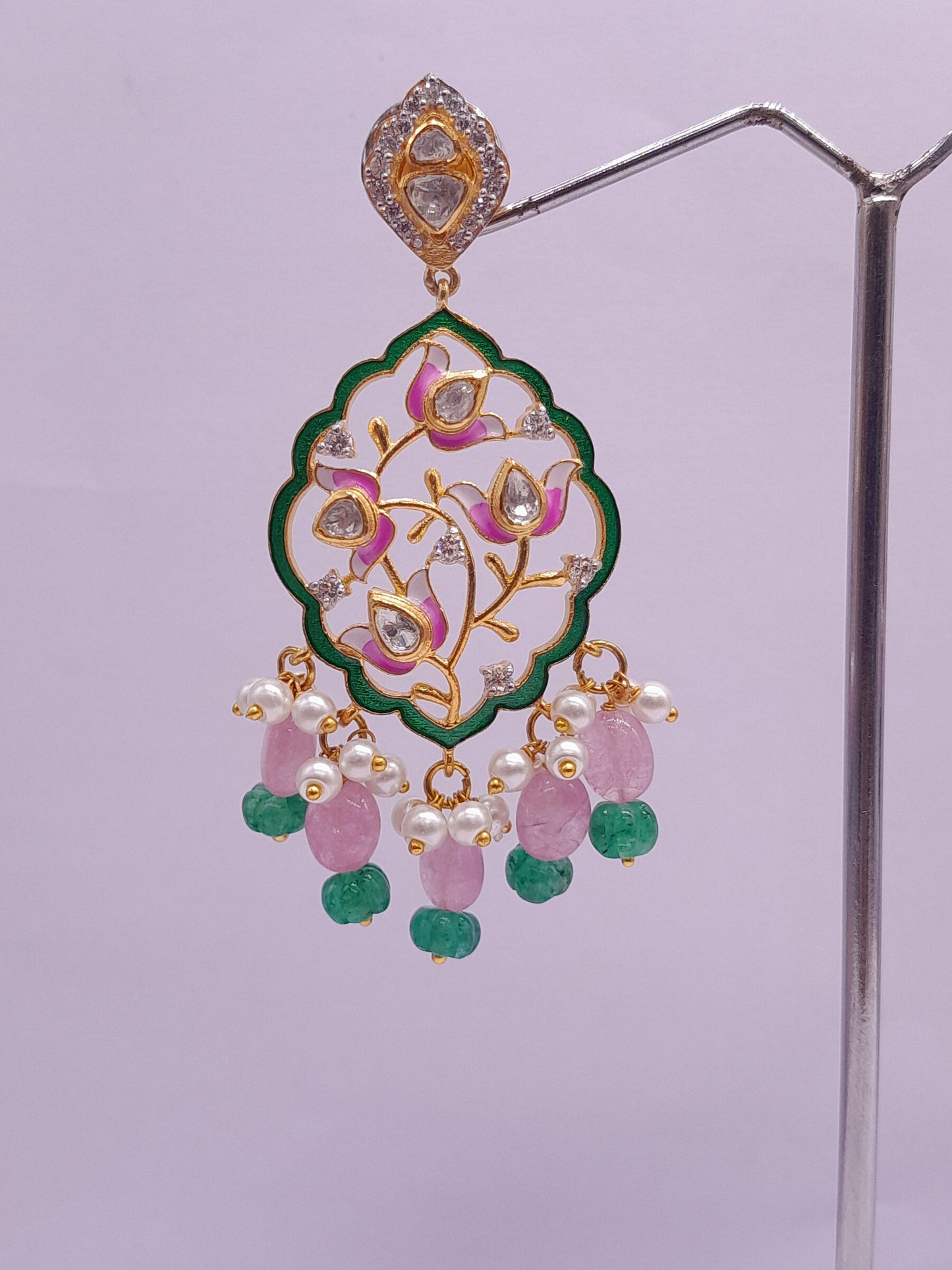 Silver Moissanite Polki Enamel Earring, Floral Kundan Chandbali, Bridal Jewelry, Traditional Jewelry, Sterling Silver Earring,Chandbali Gift