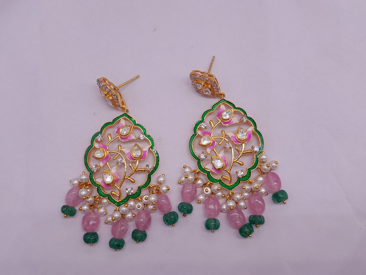 Silver Moissanite Polki Enamel Earring, Floral Kundan Chandbali, Bridal Jewelry, Traditional Jewelry, Sterling Silver Earring,Chandbali Gift