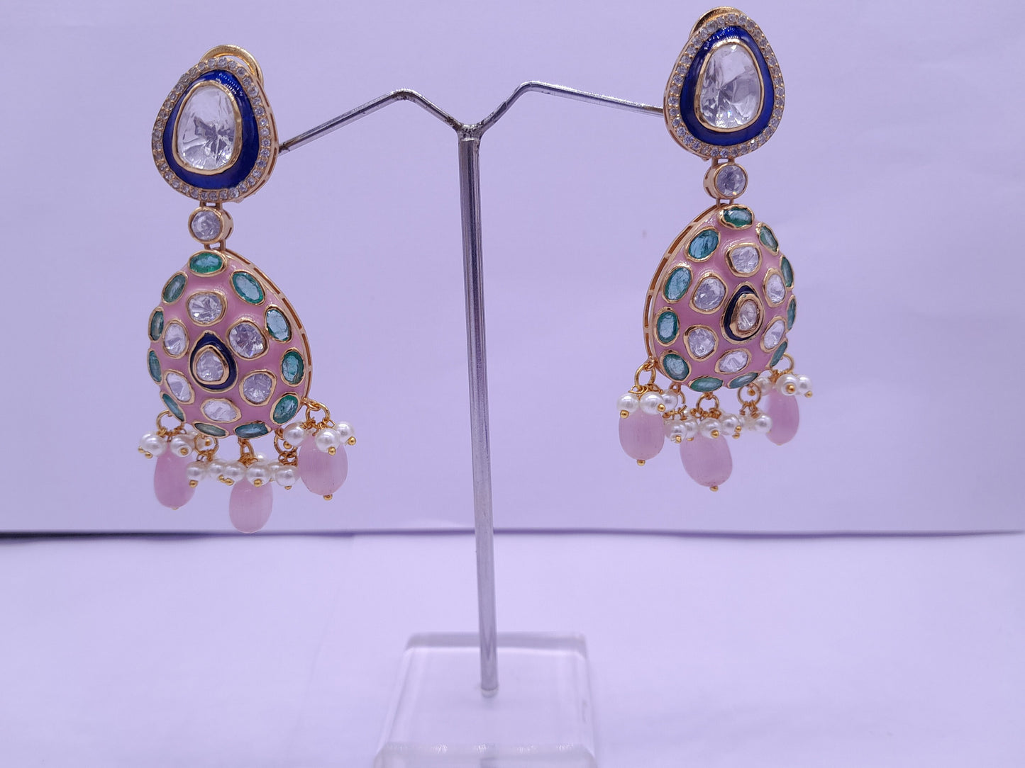 Silver Moissanite Polki Enamel Earring, Moissanite Kundan Earring, Bridal Jewelry, Traditional Jewelry, Sterling Silver Earring Gift For Her