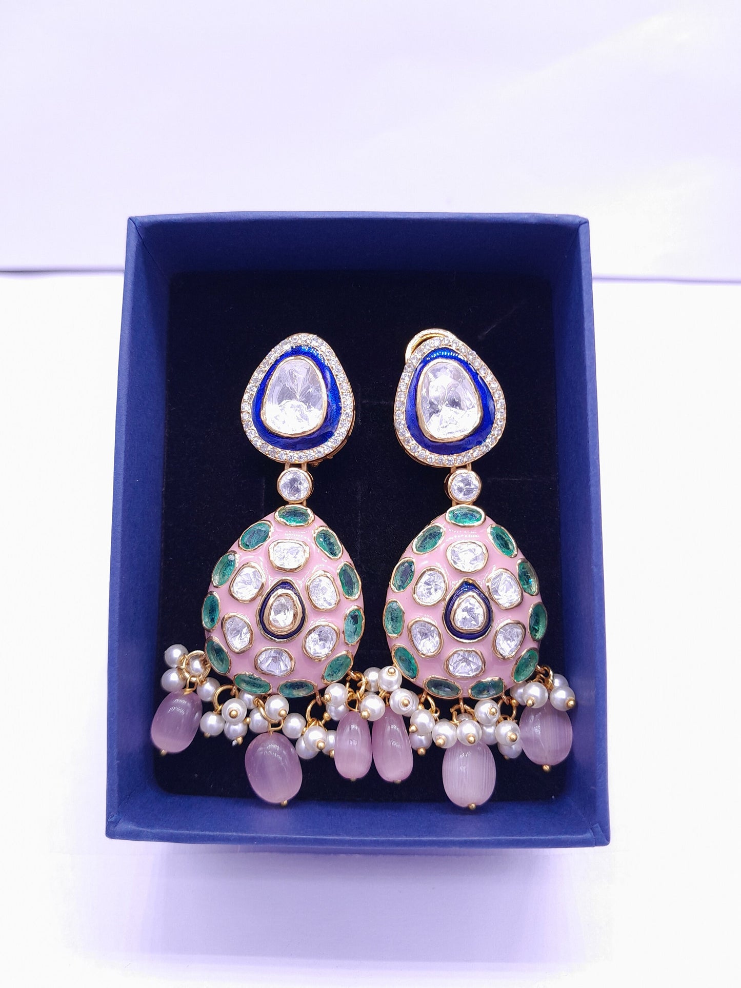 Silver Moissanite Polki Enamel Earring, Moissanite Kundan Earring, Bridal Jewelry, Traditional Jewelry, Sterling Silver Earring Gift For Her