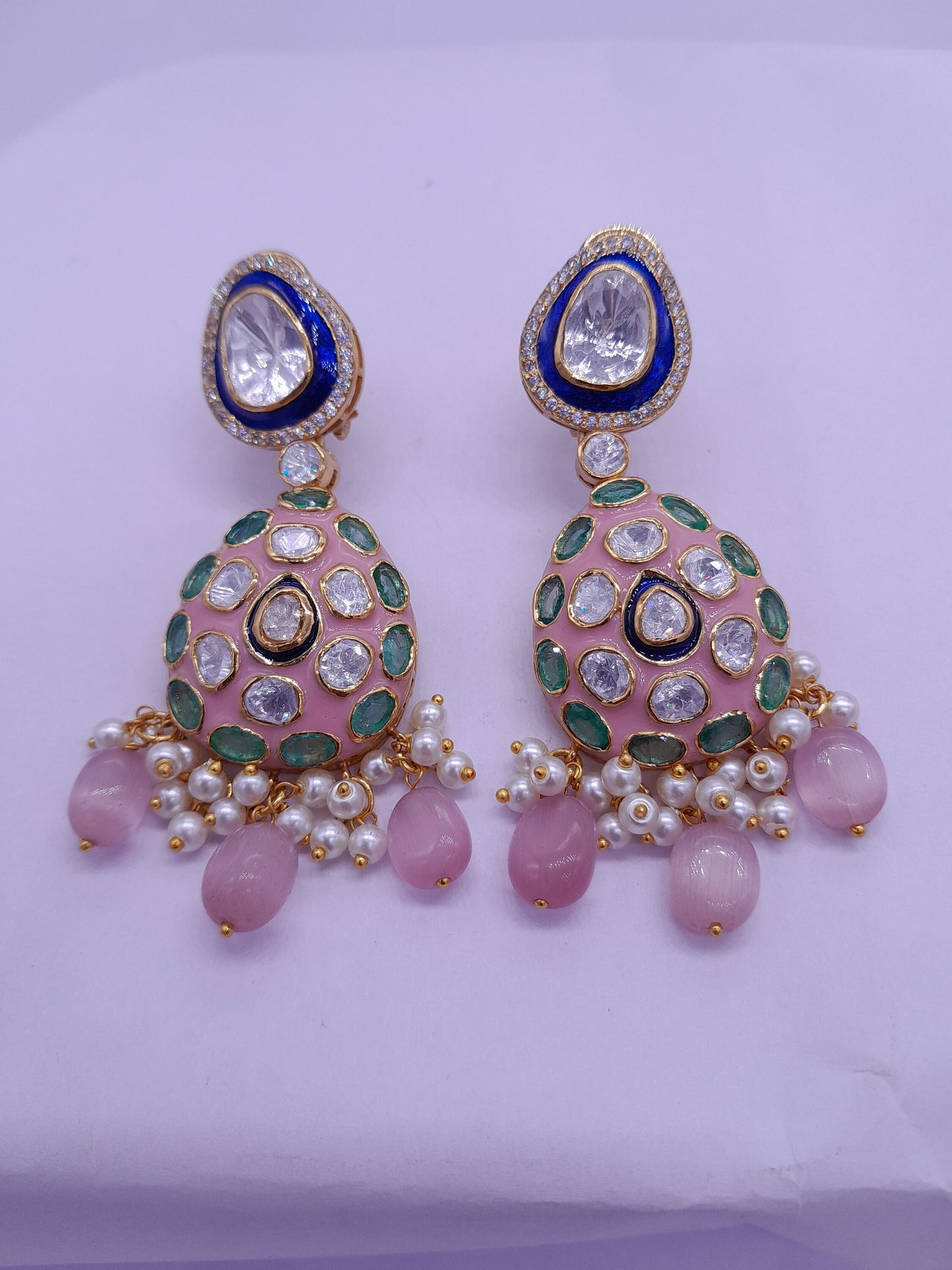Silver Moissanite Polki Enamel Earring, Moissanite Kundan Earring, Bridal Jewelry, Traditional Jewelry, Sterling Silver Earring Gift For Her