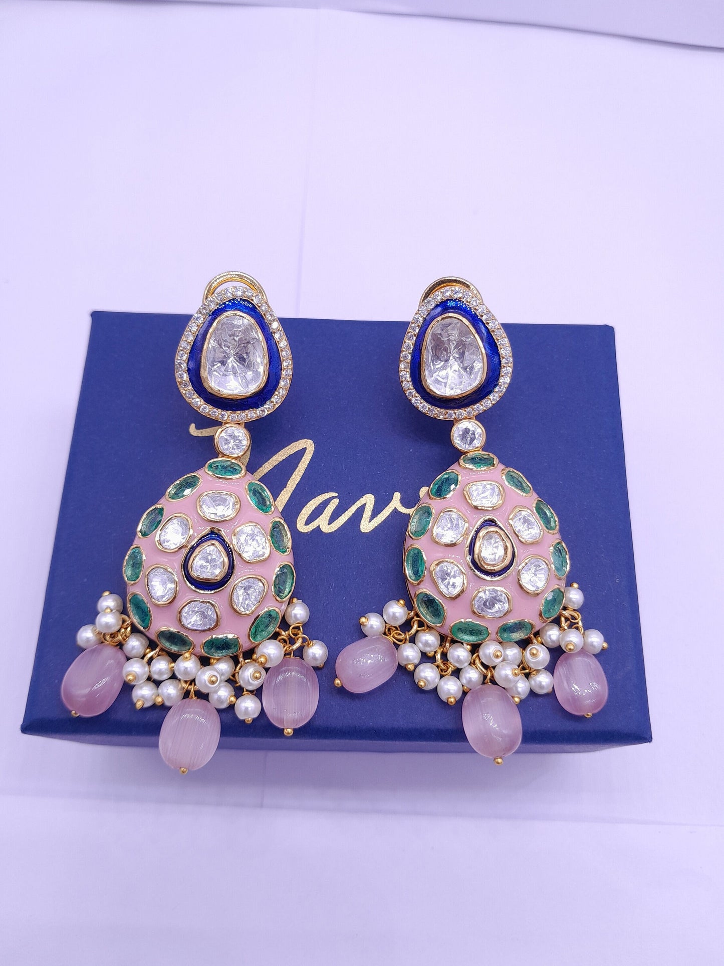 Silver Moissanite Polki Enamel Earring, Moissanite Kundan Earring, Bridal Jewelry, Traditional Jewelry, Sterling Silver Earring Gift For Her