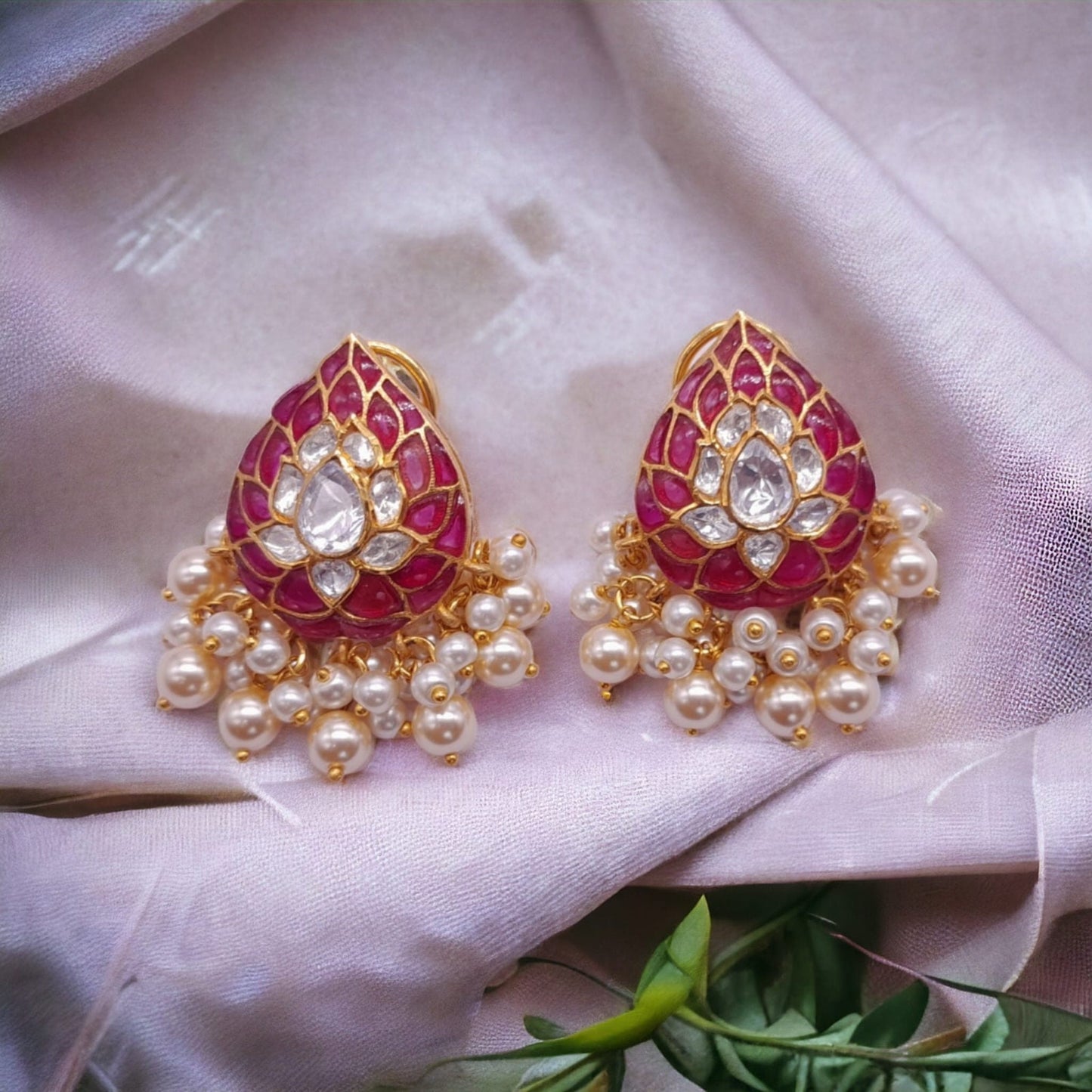 Silver Moissanite Polki Chandbali, Ruby Polki Earring, Wedding Jewelery, Moissanite Polki Earring, Ruby Earring Stud, Wedding Jewellery Gift
