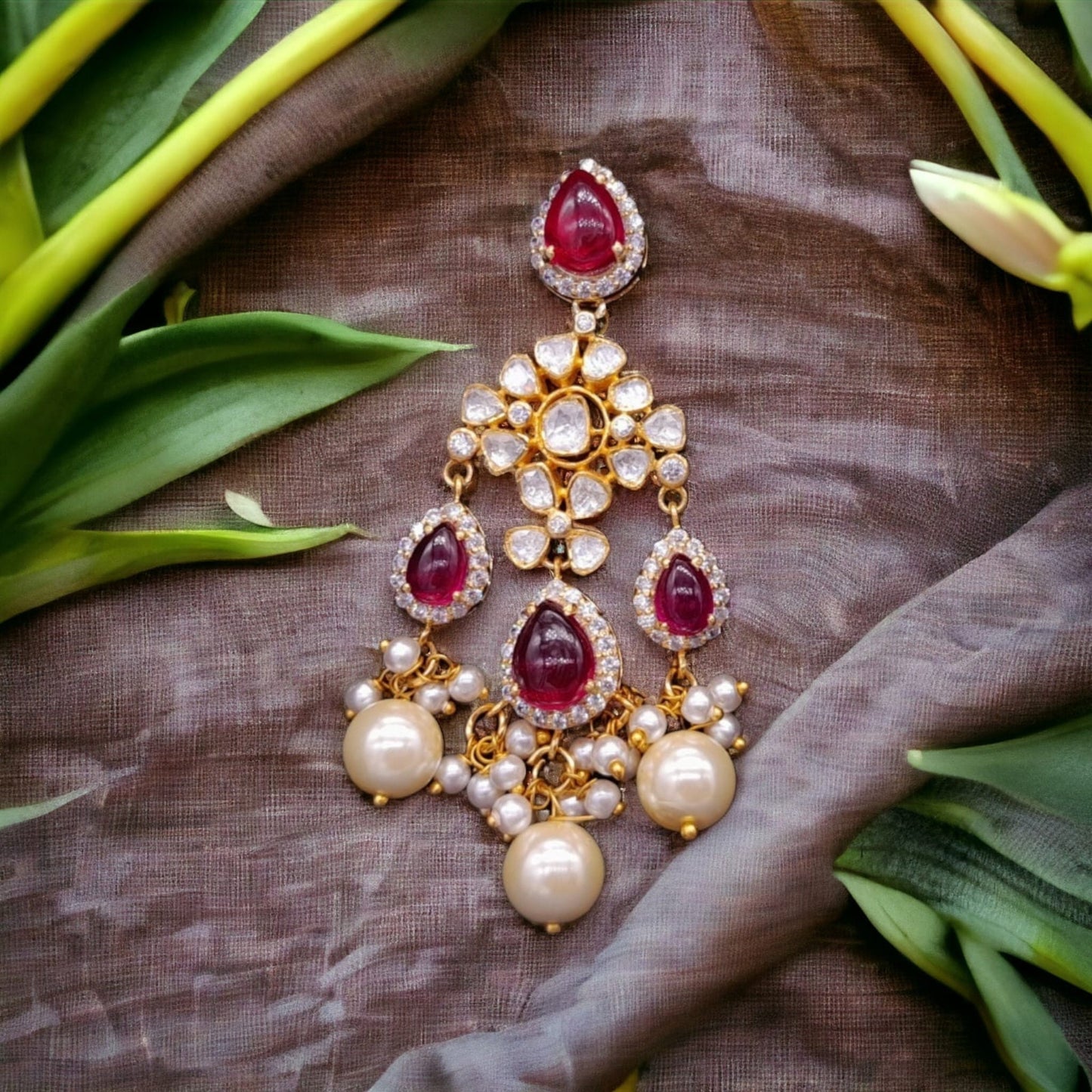 Silver Moissanite Polki Chandbali, Wedding Jewelery, Moissanite Polki Earring, Ruby Polki Earring, Ruby Earring,Wedding Jewellery, Chandbali