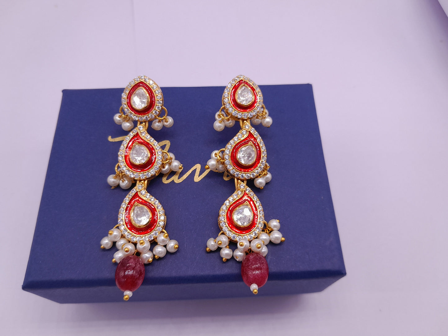 Silver Moissanite Polki Earring, Moissanite Kundan Earring, 925 Sterling Silver Earring, Enamel Jewelry, Traditional Jewelry, Long Earring