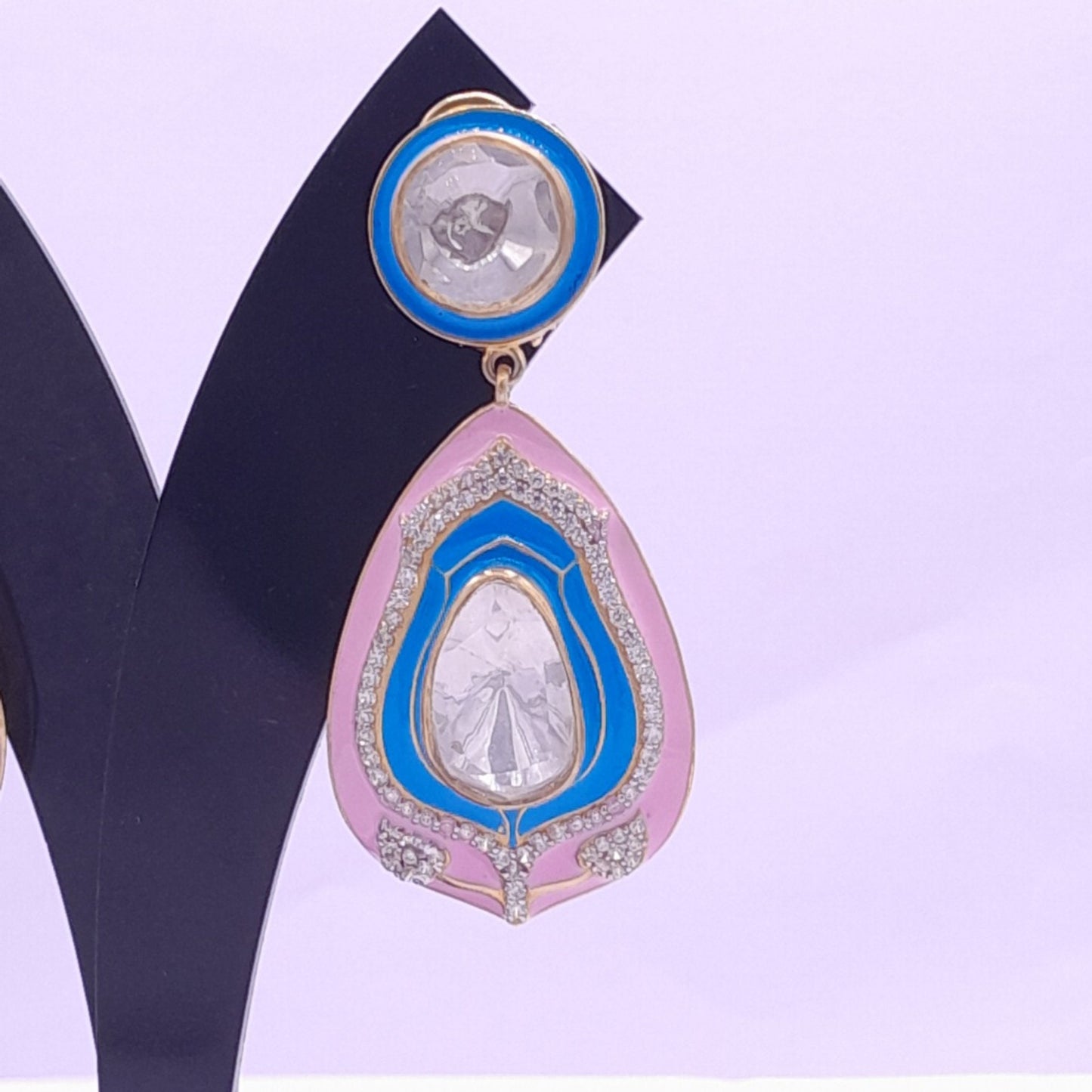 Silver Moissanite Long Polki Earring, Moissanite Kundan Earring, Enamel Polki Earring, Indian Wedding Jewelry, valentines Polki Earring Gift