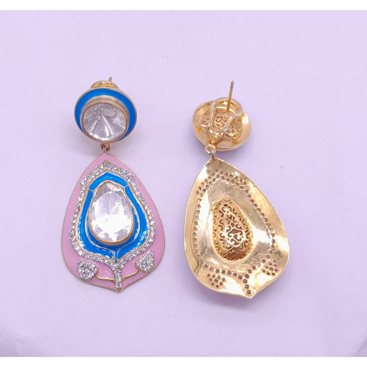 Silver Moissanite Long Polki Earring, Moissanite Kundan Earring, Enamel Polki Earring, Indian Wedding Jewelry, valentines Polki Earring Gift