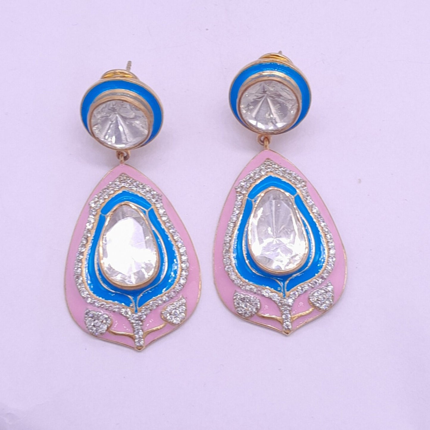 Silver Moissanite Long Polki Earring, Moissanite Kundan Earring, Enamel Polki Earring, Indian Wedding Jewelry, valentines Polki Earring Gift