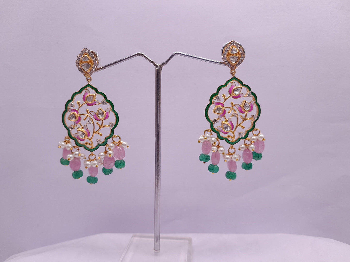 Silver Moissanite Polki Enamel Earring, Floral Kundan Chandbali, Bridal Jewelry, Traditional Jewelry, Sterling Silver Earring,Chandbali Gift