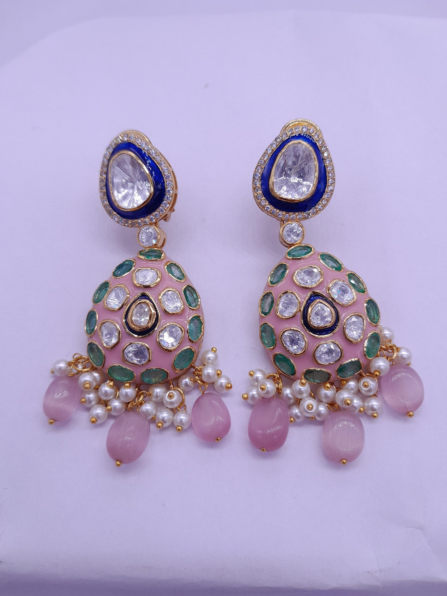 Silver Moissanite Polki Enamel Earring, Moissanite Kundan Earring, Bridal Jewelry, Traditional Jewelry, Sterling Silver Earring Gift For Her