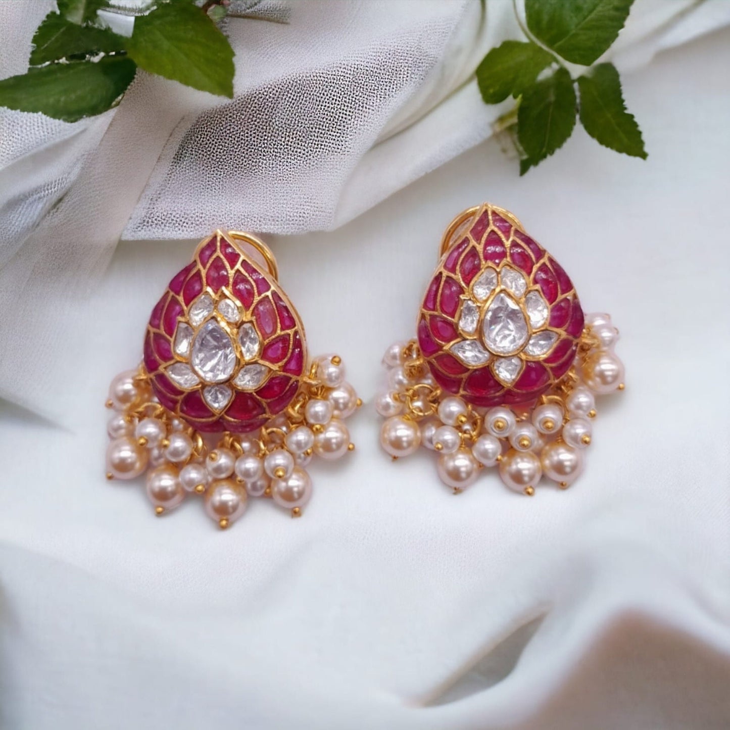 Silver Moissanite Polki Chandbali, Ruby Polki Earring, Wedding Jewelery, Moissanite Polki Earring, Ruby Earring Stud, Wedding Jewellery Gift