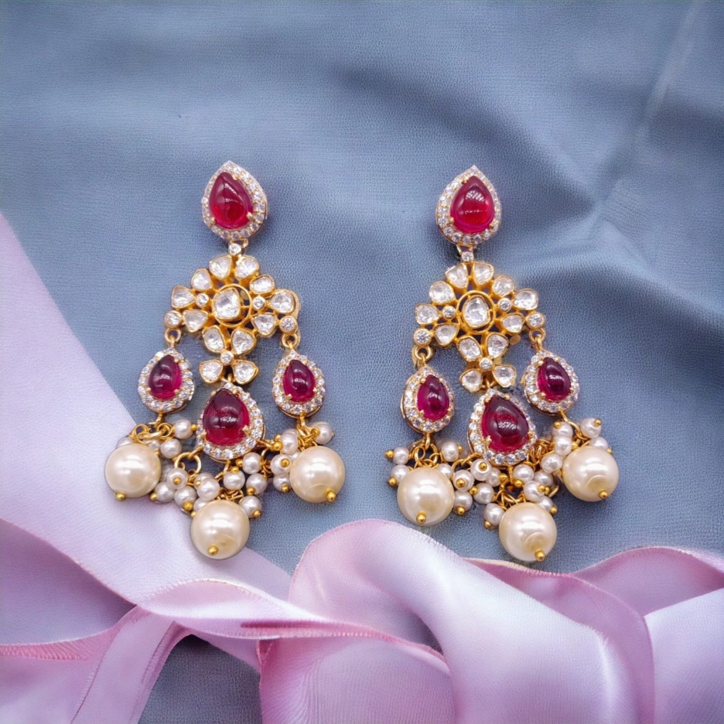 Silver Moissanite Polki Chandbali, Wedding Jewelery, Moissanite Polki Earring, Ruby Polki Earring, Ruby Earring,Wedding Jewellery, Chandbali