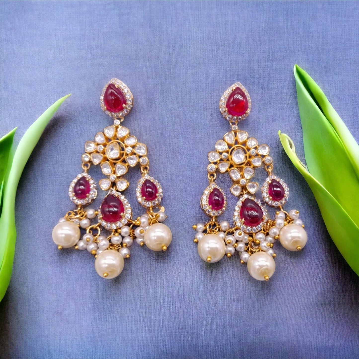 Silver Moissanite Polki Chandbali, Wedding Jewelery, Moissanite Polki Earring, Ruby Polki Earring, Ruby Earring,Wedding Jewellery, Chandbali