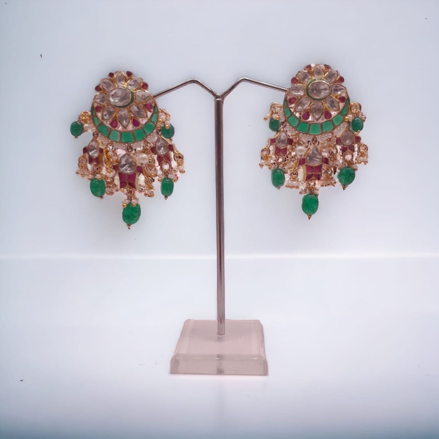 Silver Moissanite Polki Chandbali Earring, Emerald Earring, Kundan Chandbali, Bridal Chandbali Earring, Traditional Jewellery, Chandbali