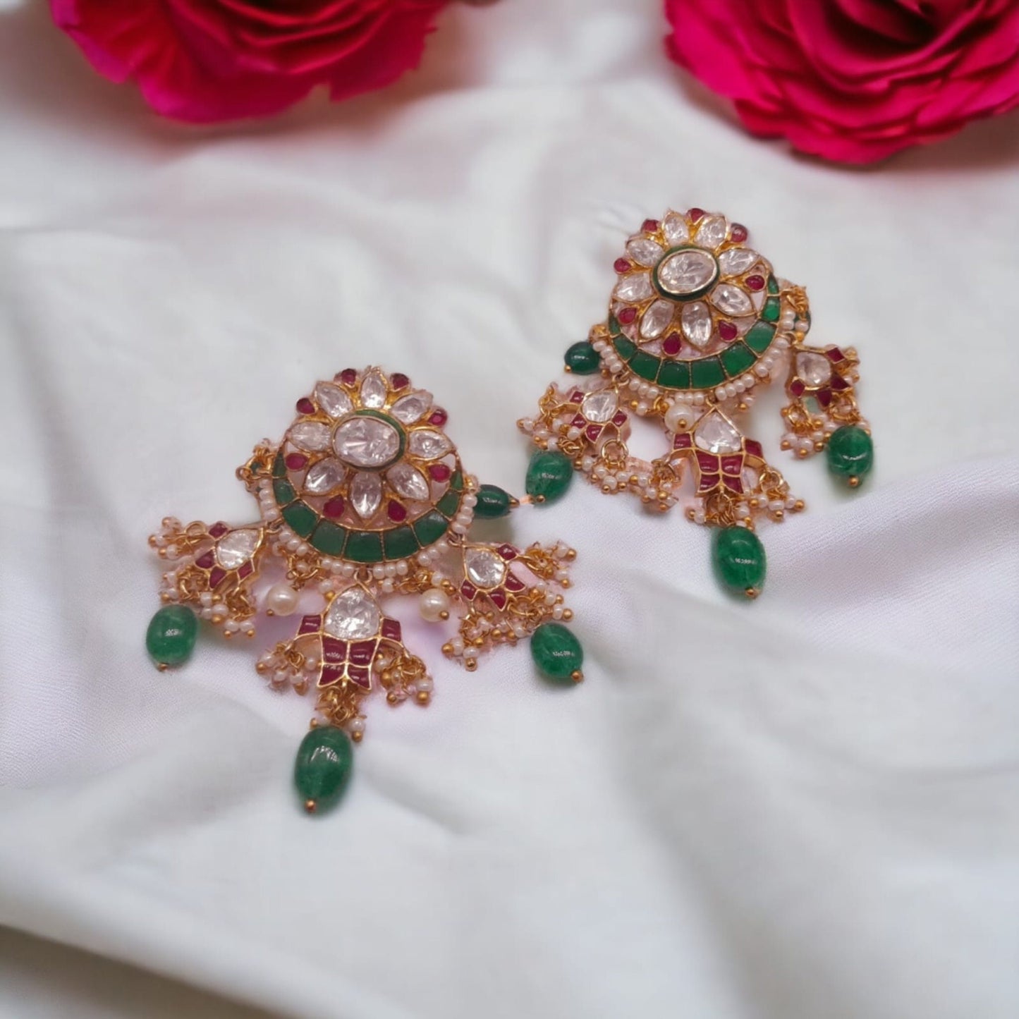 Silver Moissanite Polki Chandbali Earring, Emerald Earring, Kundan Chandbali, Bridal Chandbali Earring, Traditional Jewellery, Chandbali