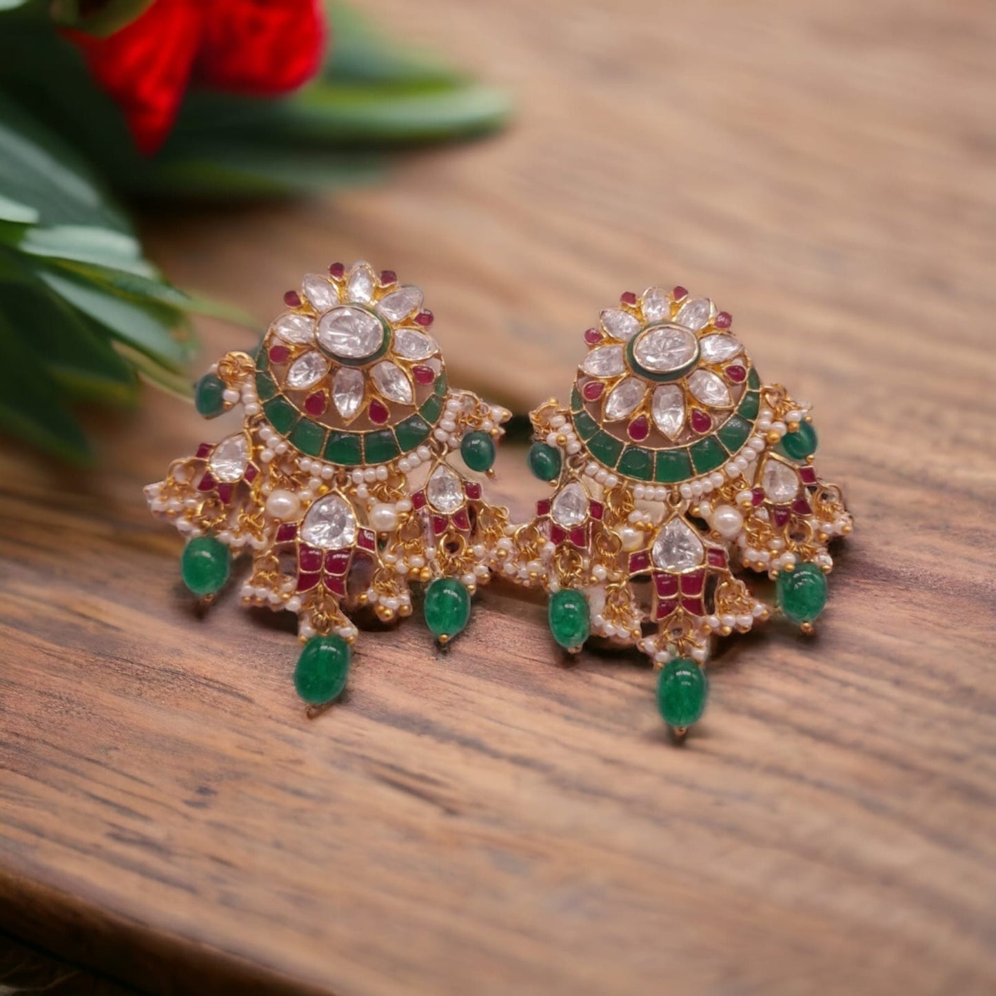 Silver Moissanite Polki Chandbali Earring, Emerald Earring, Kundan Chandbali, Bridal Chandbali Earring, Traditional Jewellery, Chandbali