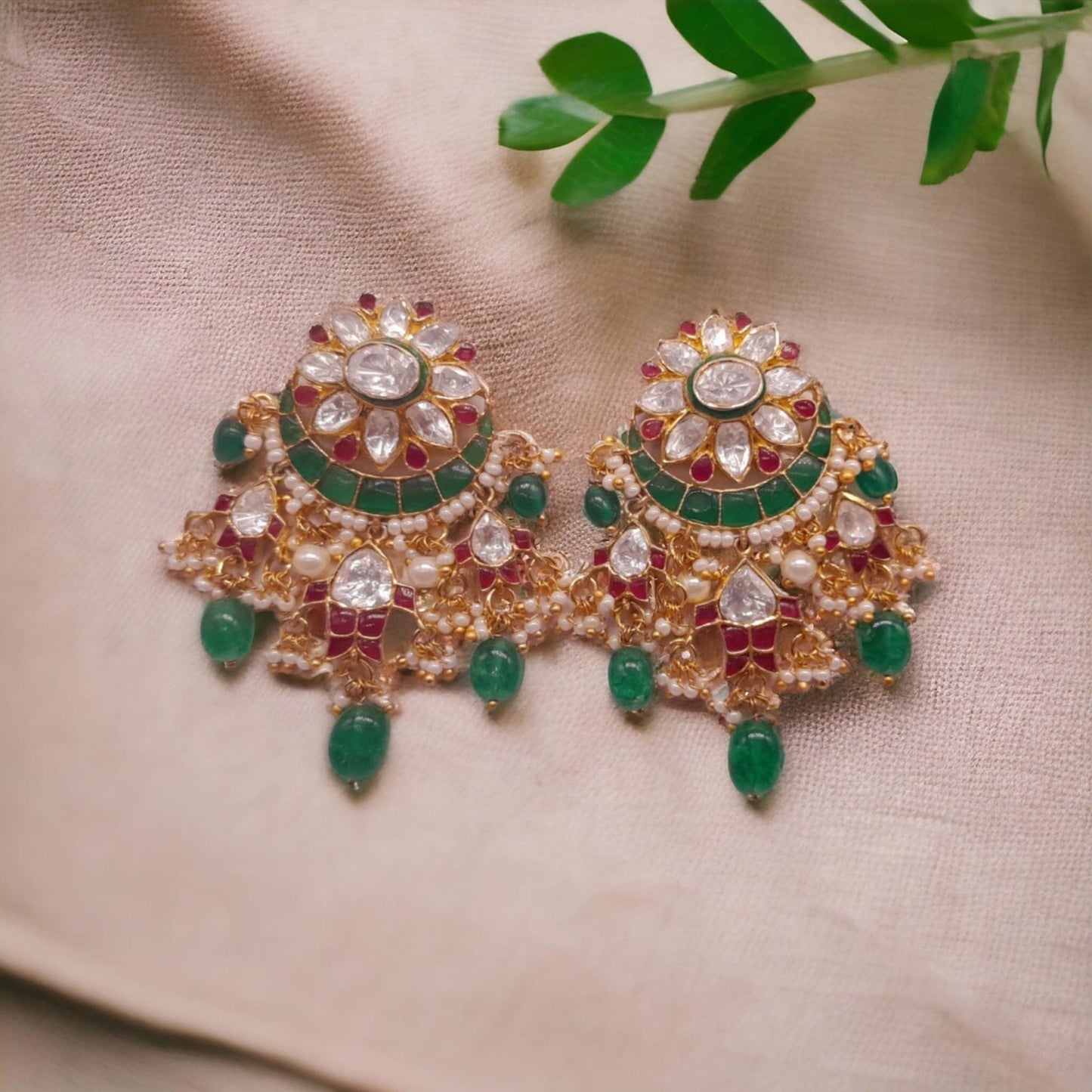 Silver Moissanite Polki Chandbali Earring, Emerald Earring, Kundan Chandbali, Bridal Chandbali Earring, Traditional Jewellery, Chandbali