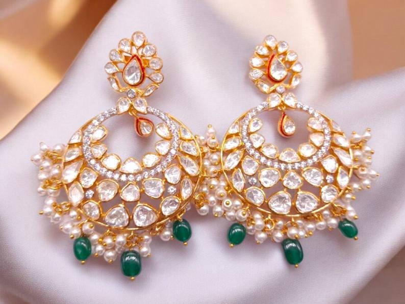 Silver Moissanite Polki Earring, Moissanite Kundan Earring, 925 Silver Earring, Bridal Jewelery, Traditional Jewelery, Statement Earring