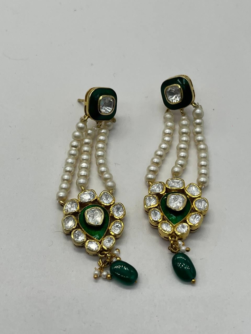 Silver Moissanite Polki Earring, Labmade Emerald Earring, Enamel Polki Earring, Kundan Chandbali Earring, Traditional Jewellery, Chandbali