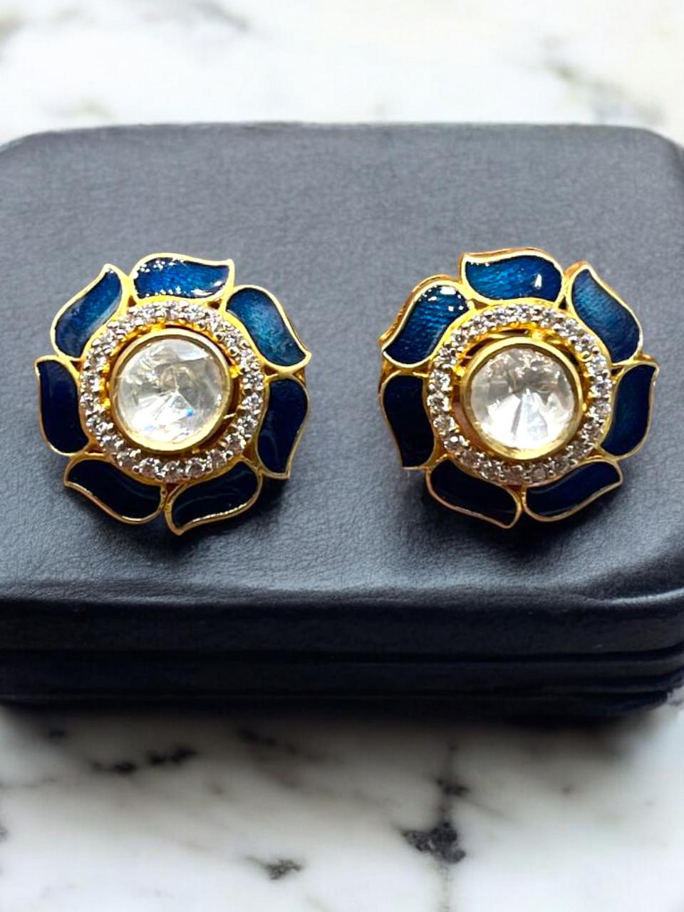 Moissanite Polki Blue Enamel Earring