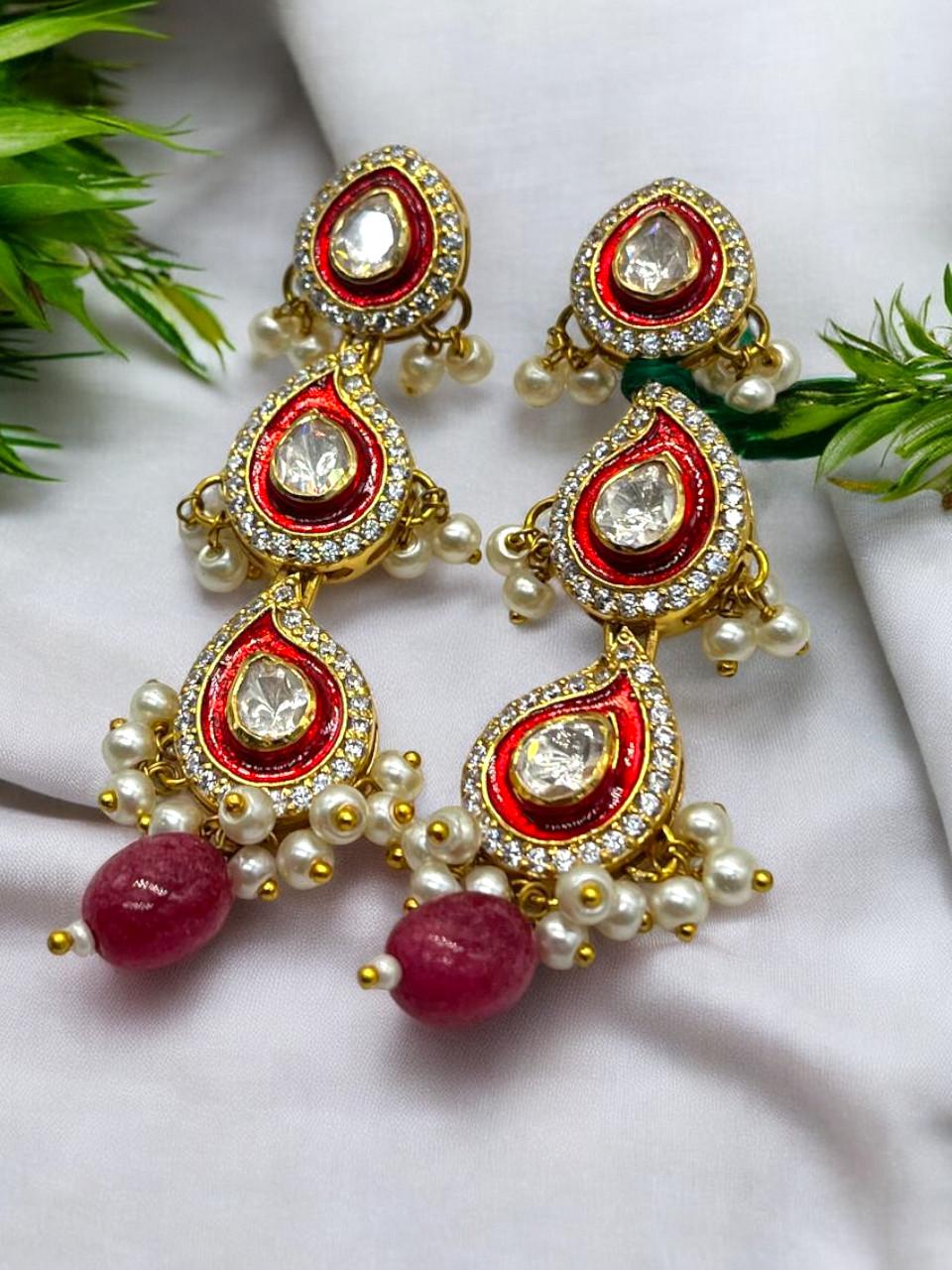 Silver Moissanite Polki Earring, Moissanite Kundan Earring, 925 Sterling Silver Earring, Enamel Jewelry, Traditional Jewelry, Long Earring