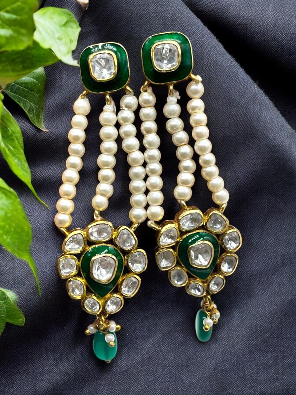 Silver Moissanite Polki Earring, Labmade Emerald Earring, Enamel Polki Earring, Kundan Chandbali Earring, Traditional Jewellery, Chandbali