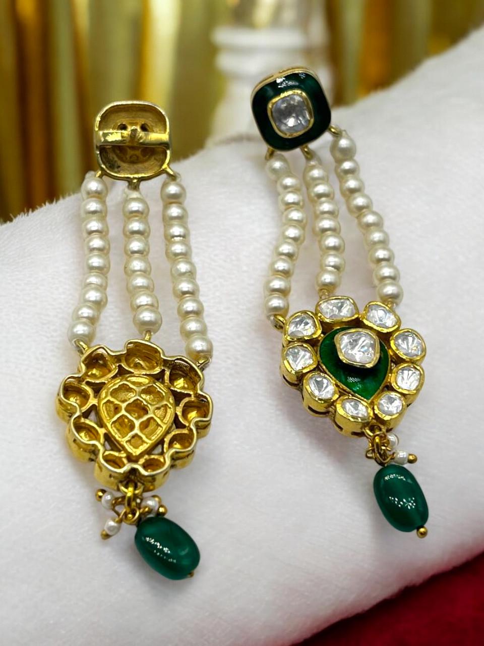 Silver Moissanite Polki Earring, Labmade Emerald Earring, Enamel Polki Earring, Kundan Chandbali Earring, Traditional Jewellery, Chandbali