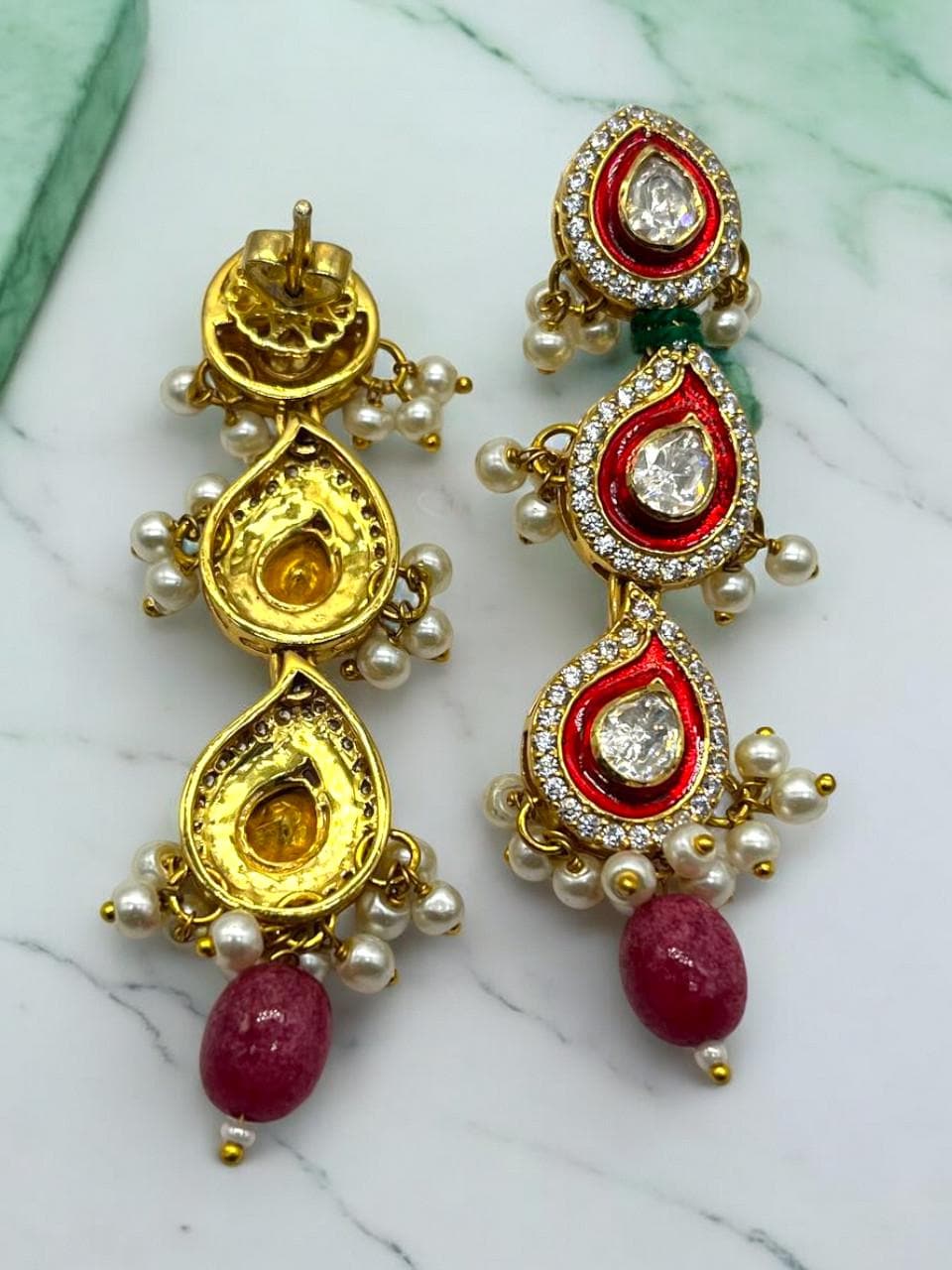 Silver Moissanite Polki Earring, Moissanite Kundan Earring, 925 Sterling Silver Earring, Enamel Jewelry, Traditional Jewelry, Long Earring