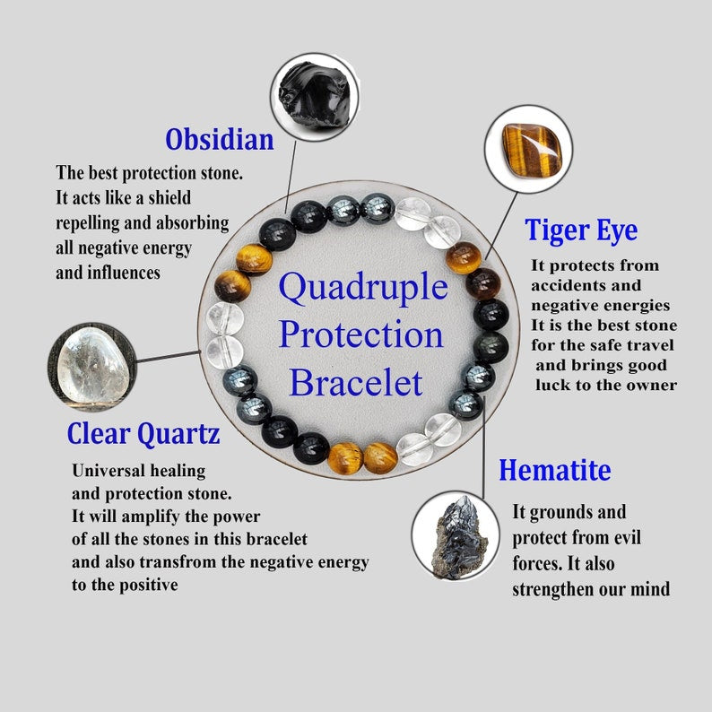AAA+  Ultimate Quadruple Protection Bracelet, Accident and Negative Energy Protection Bracelet, Good Luck Bracelet, Beaded Bracelet, Unisex Crystal Healing